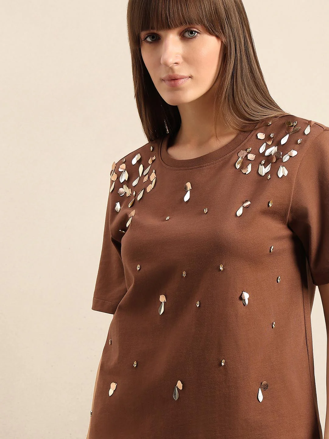 Brown Embellished Cotton T-shirt - Image 6