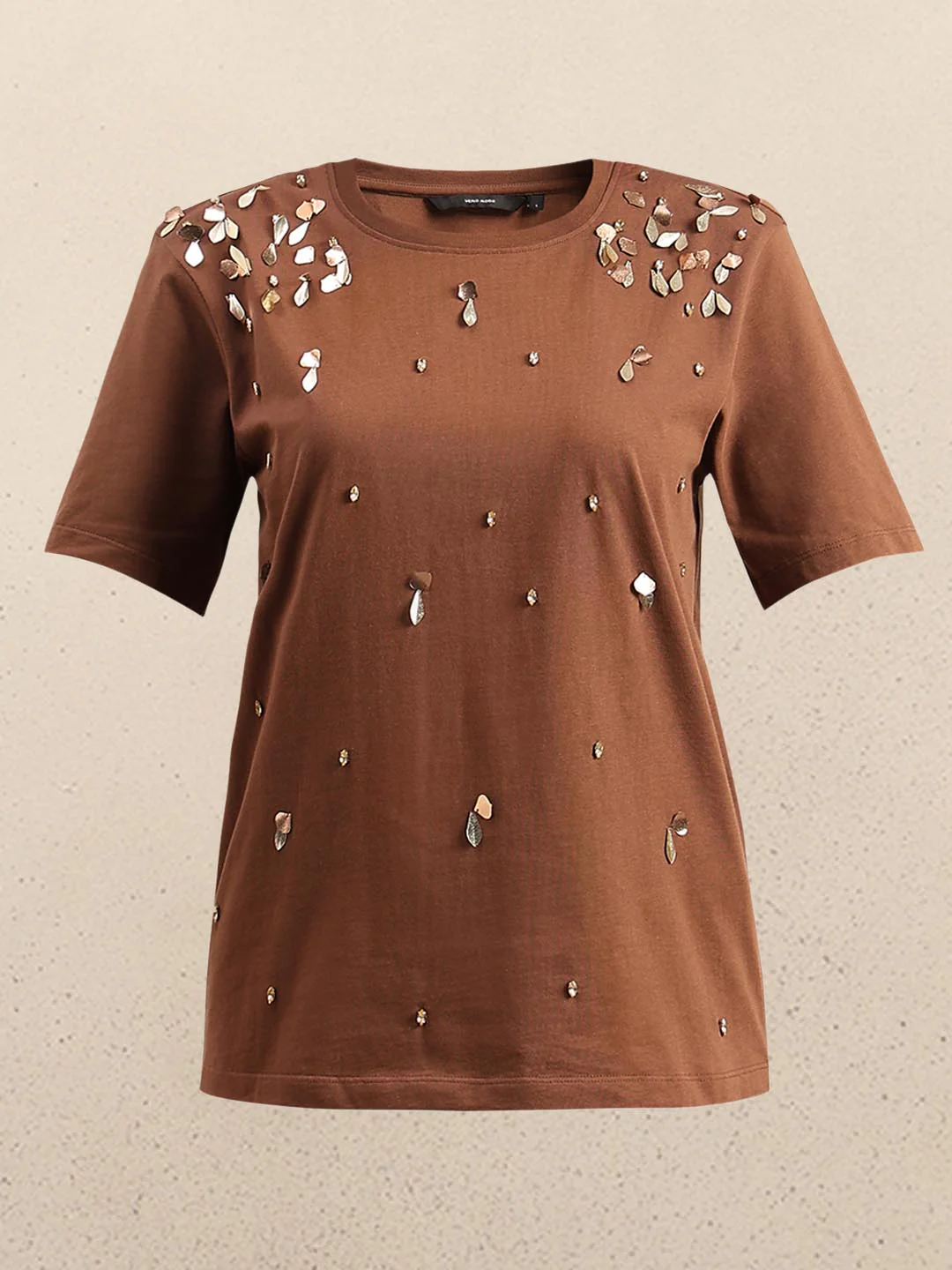 Brown Embellished Cotton T-shirt - Image 7