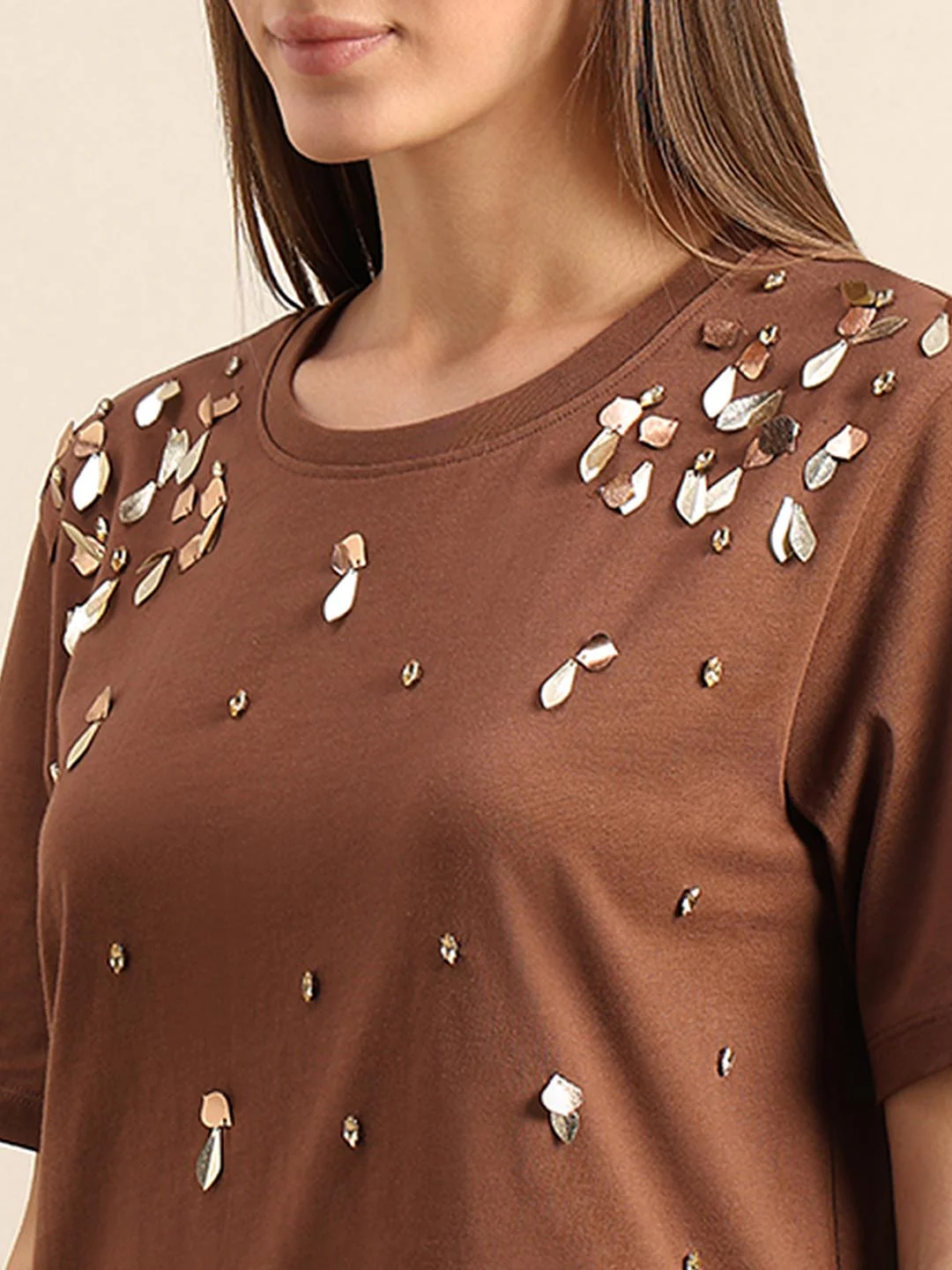 Brown Embellished Cotton T-shirt - Image 8