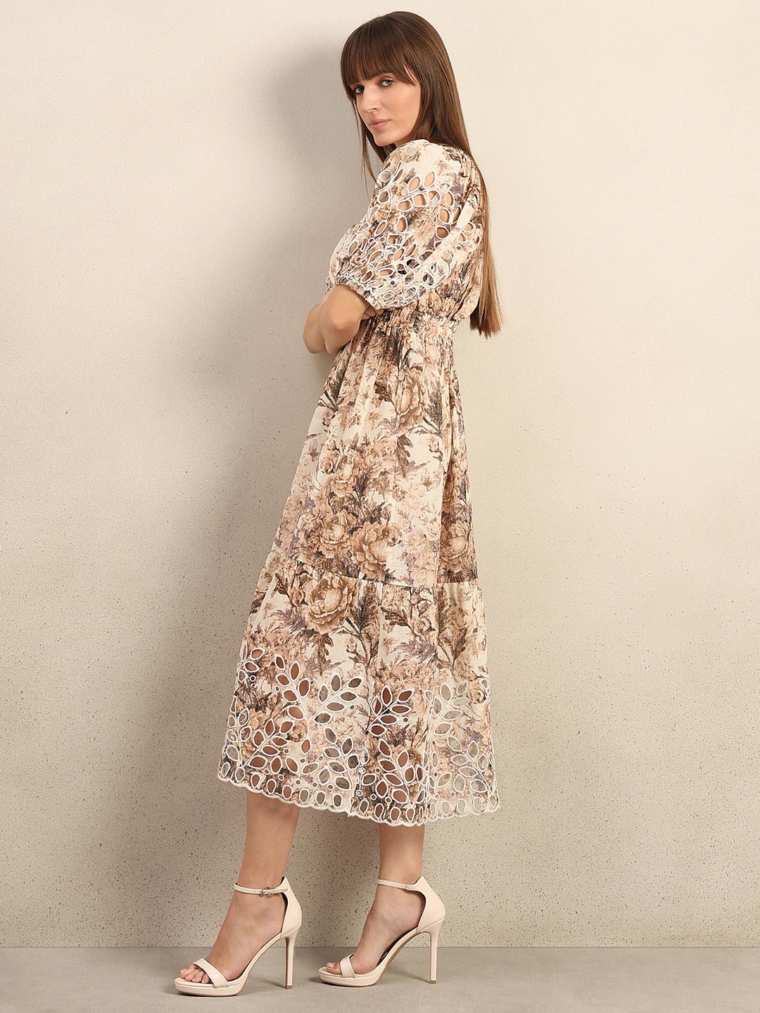 Ecru Printed Cut-Work Detail Dress - Image 3