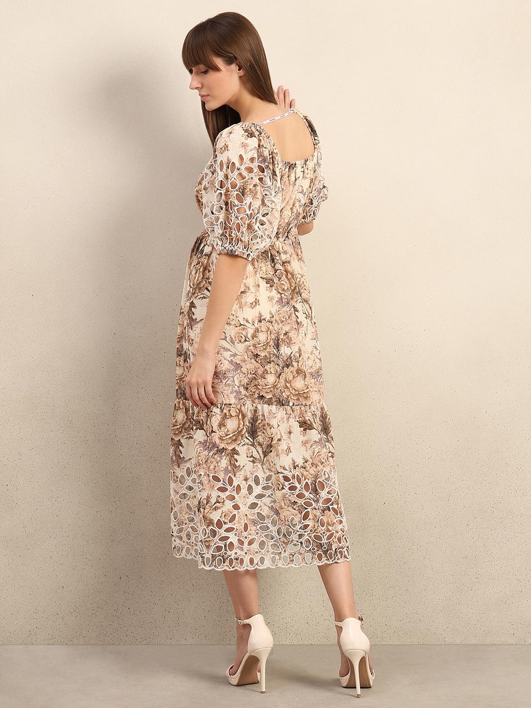 Ecru Printed Cut-Work Detail Dress - Image 4
