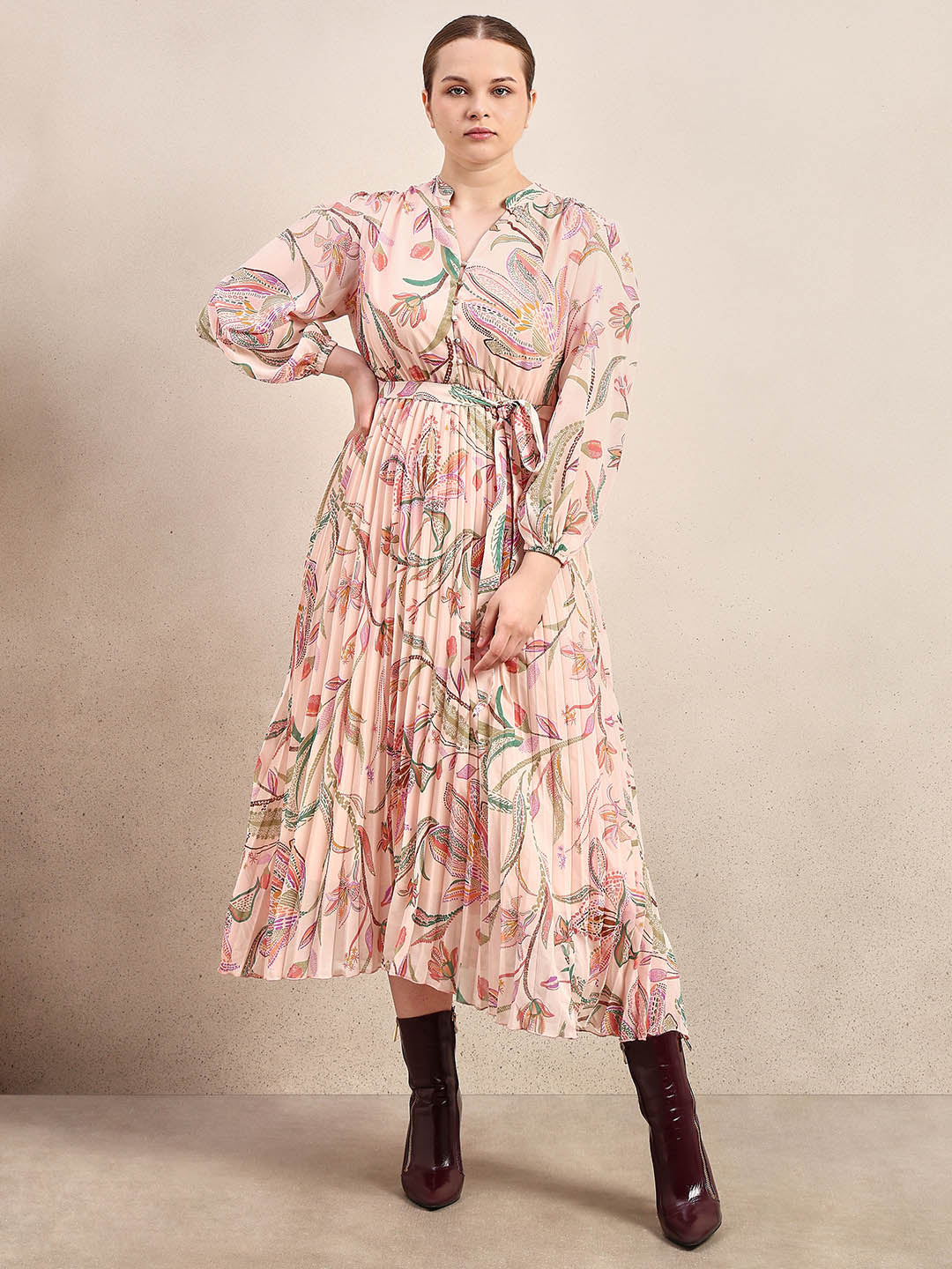 Curve Peach Floral Pleated Dress - Image 2