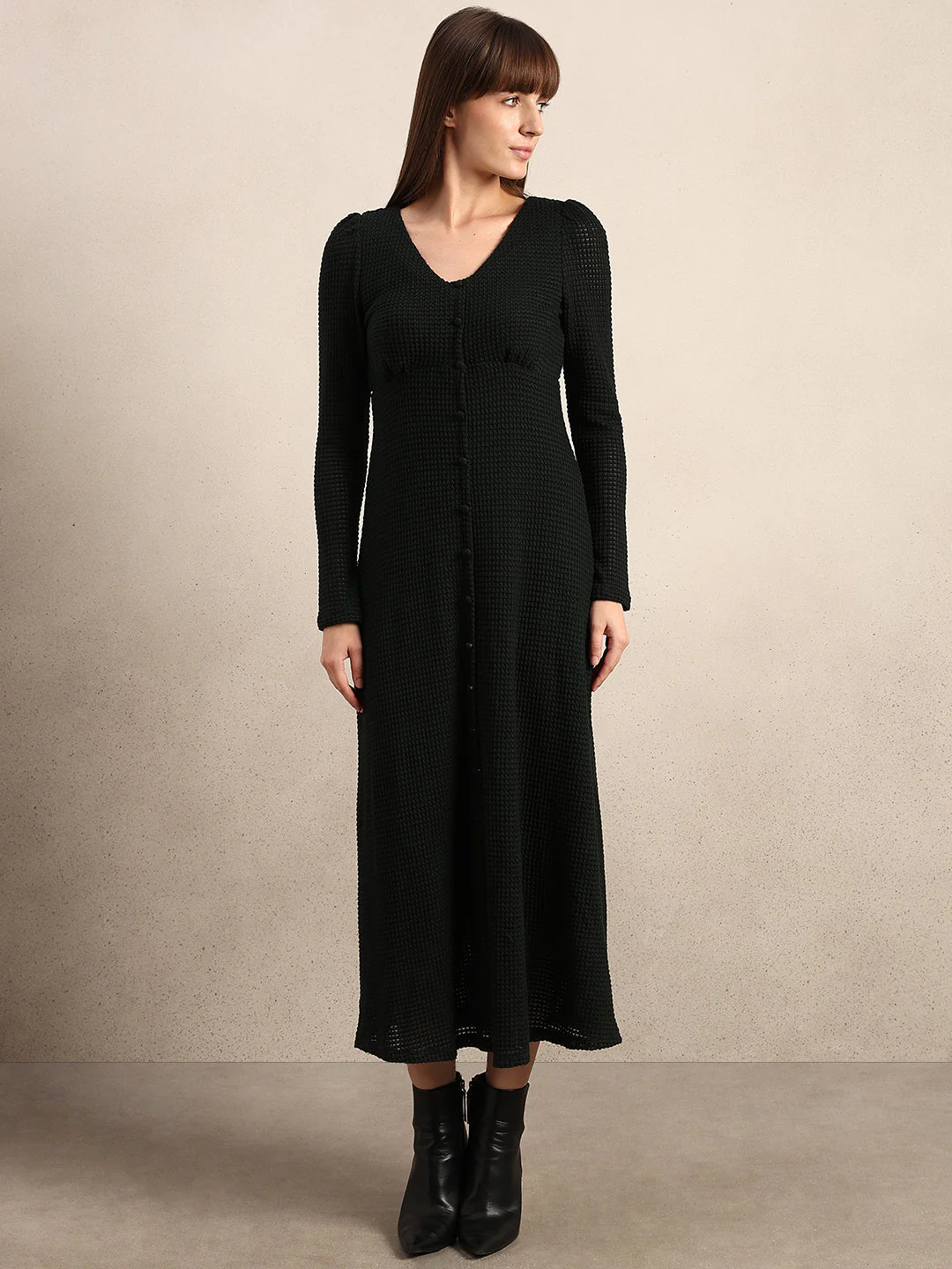 Button Detail V-Neck Midi Dress - Image 2