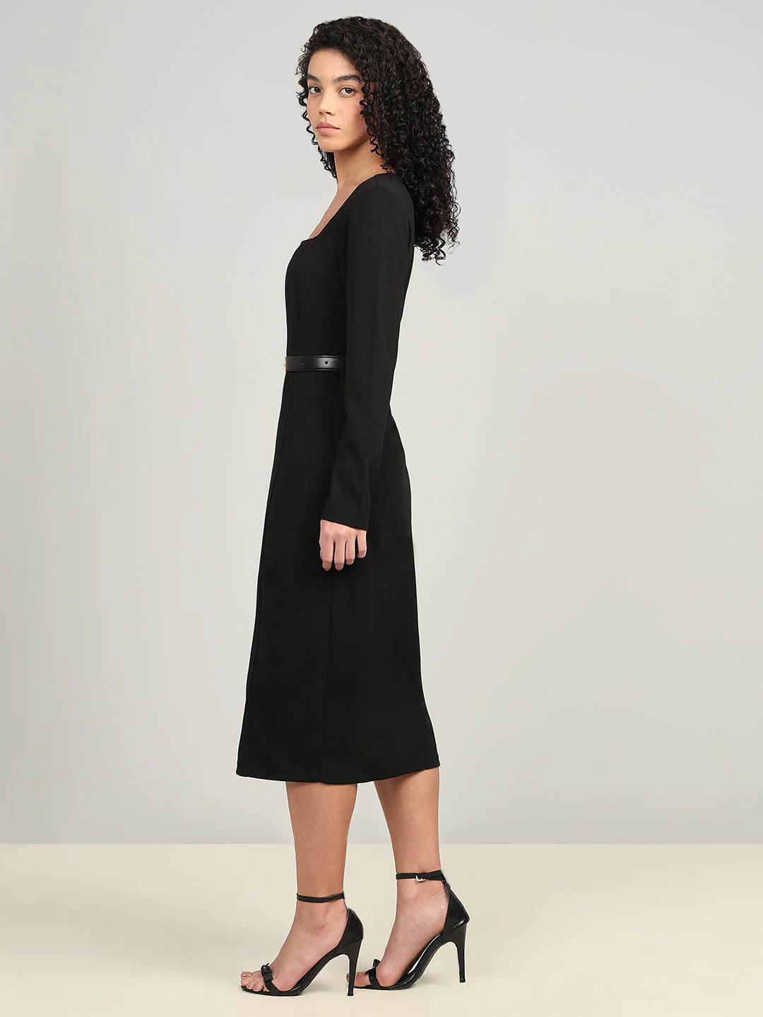 Black Belted Midi Dress - Image 3