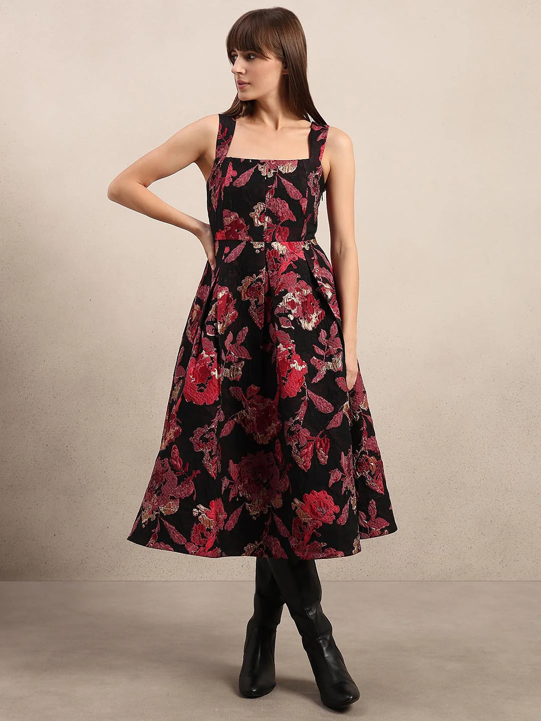 Black & Red Square Neck Dress - Image 2