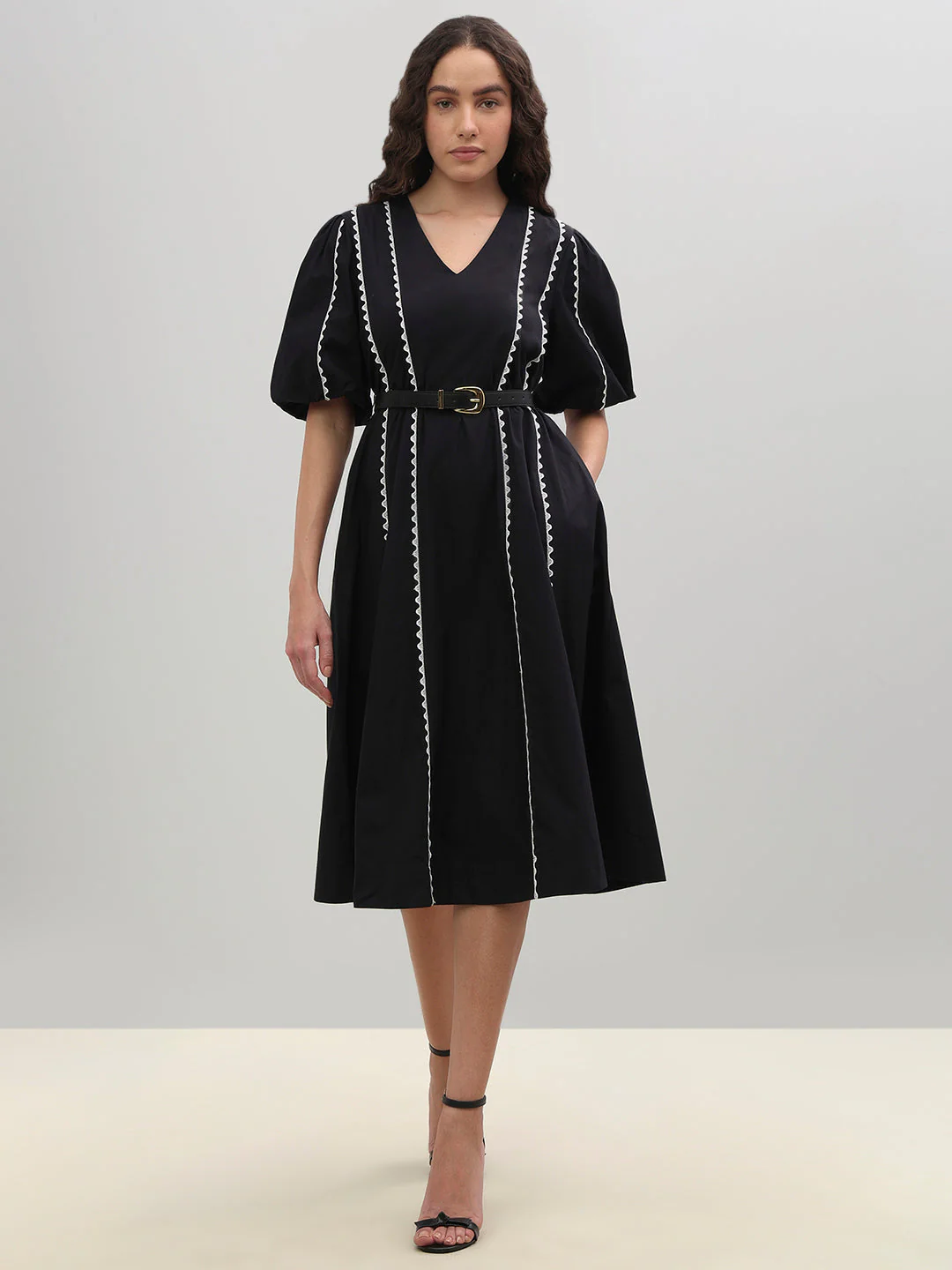 V-Neck Contrast Stitch Midi Dress - Image 2