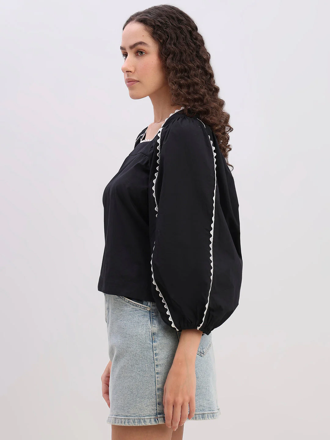Black Square-Neck Puff Sleeve Top - Image 3