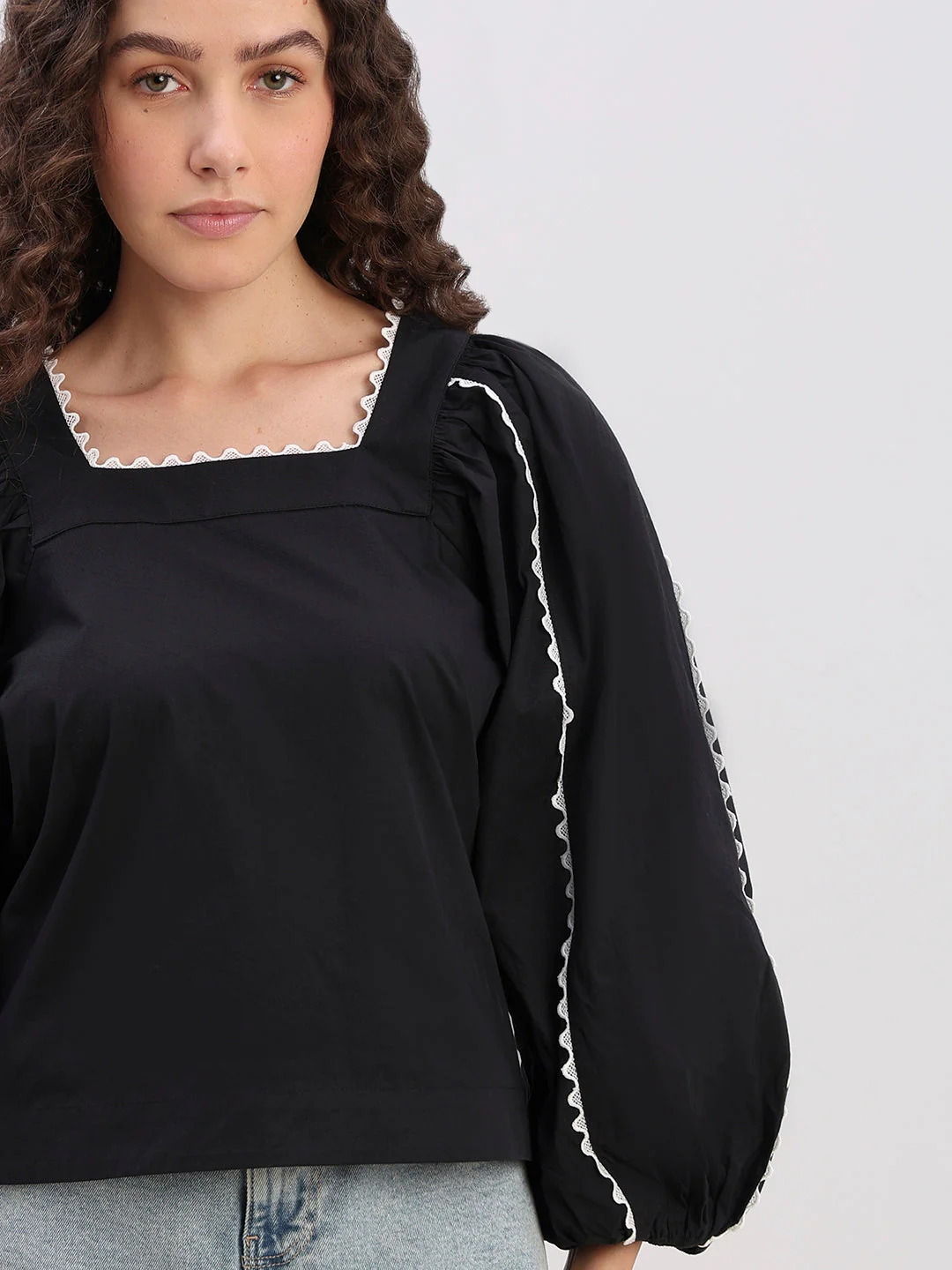 Black Square-Neck Puff Sleeve Top - Image 6