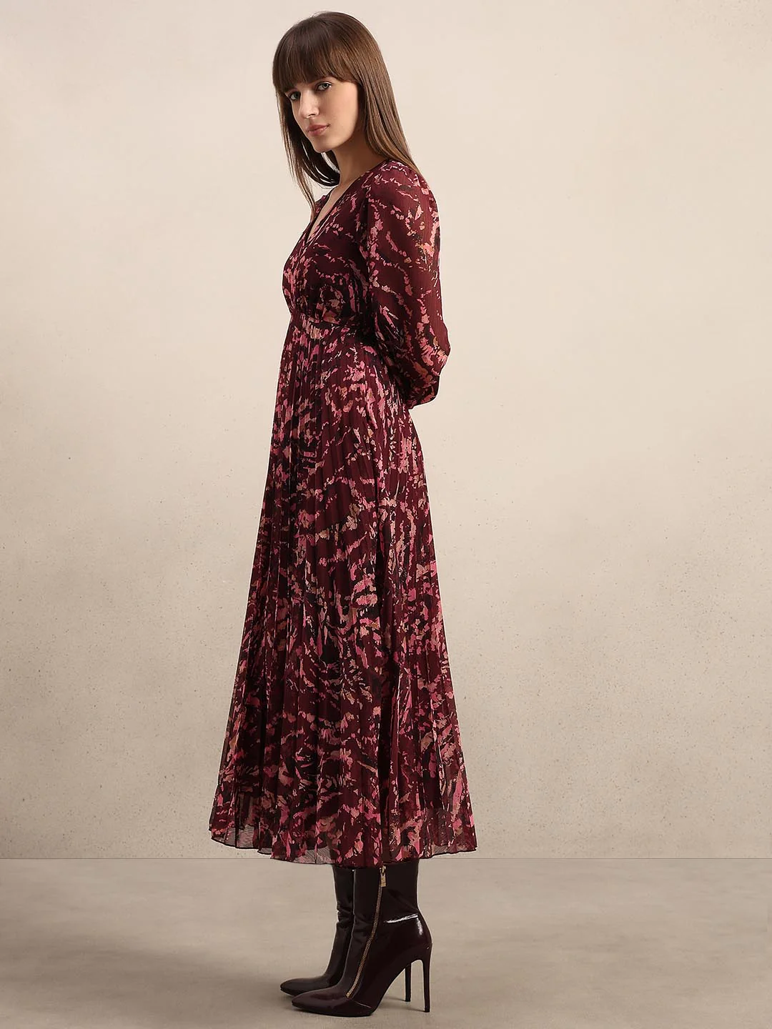 Red Printed Pleated Dress - Image 3