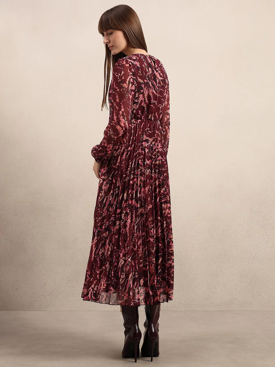 Red Printed Pleated Dress - Image 4