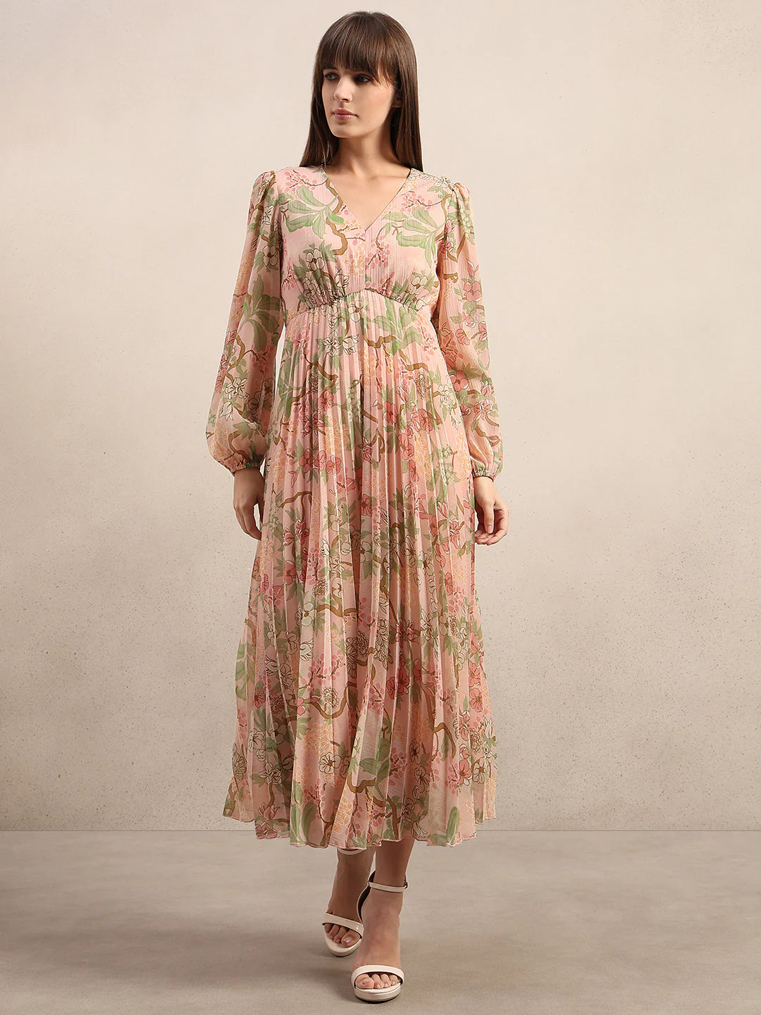 Pleated Floral V-Neck Dress - Image 2