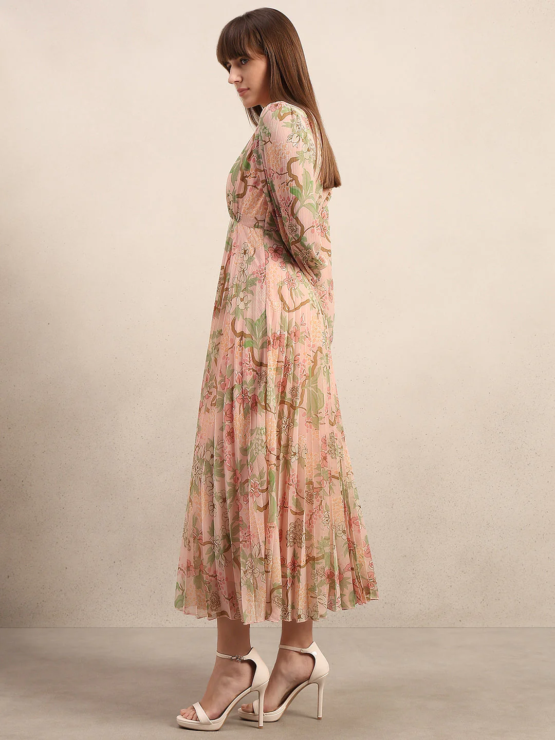 Pleated Floral V-Neck Dress - Image 3