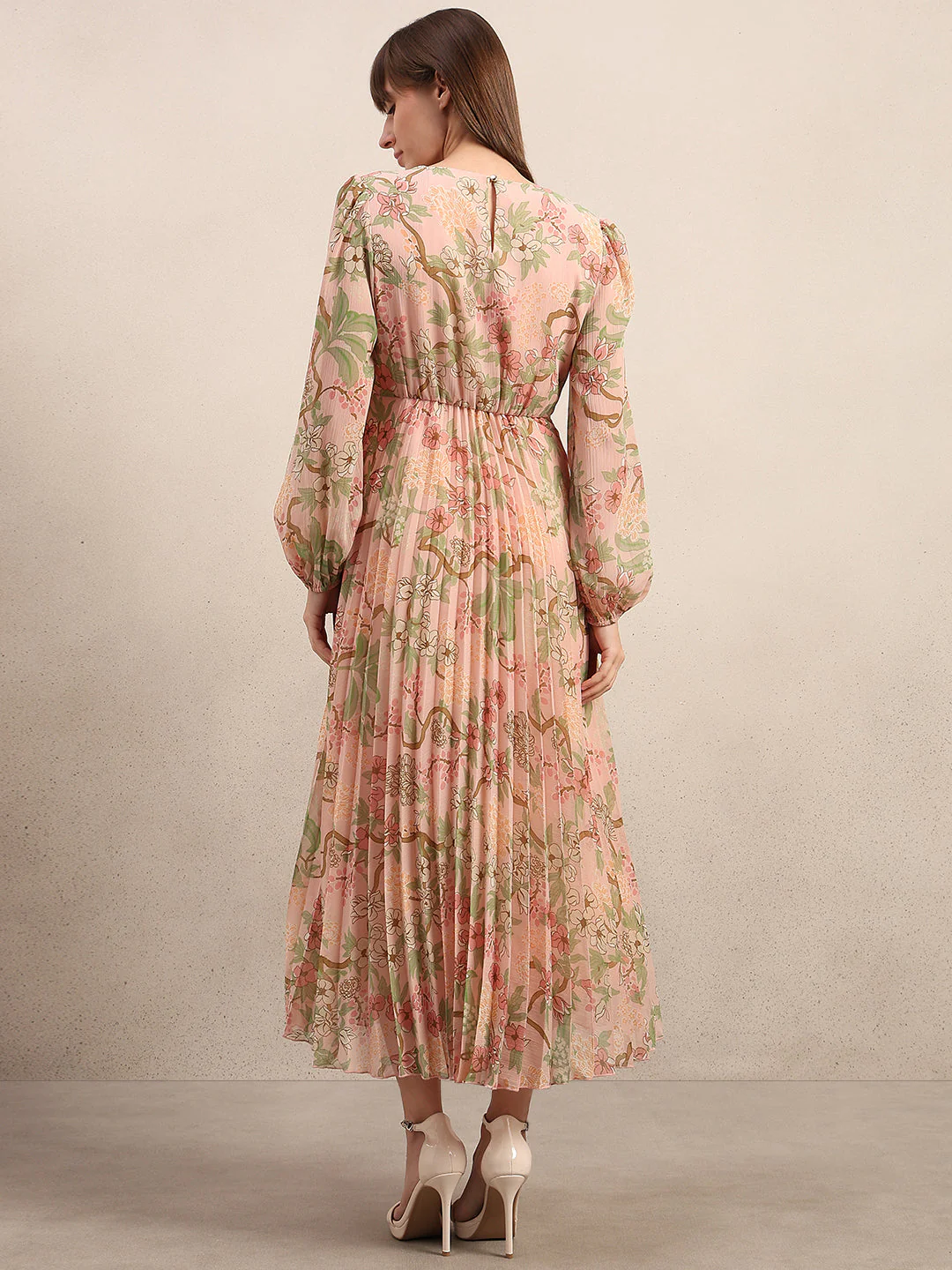 Pleated Floral V-Neck Dress - Image 4