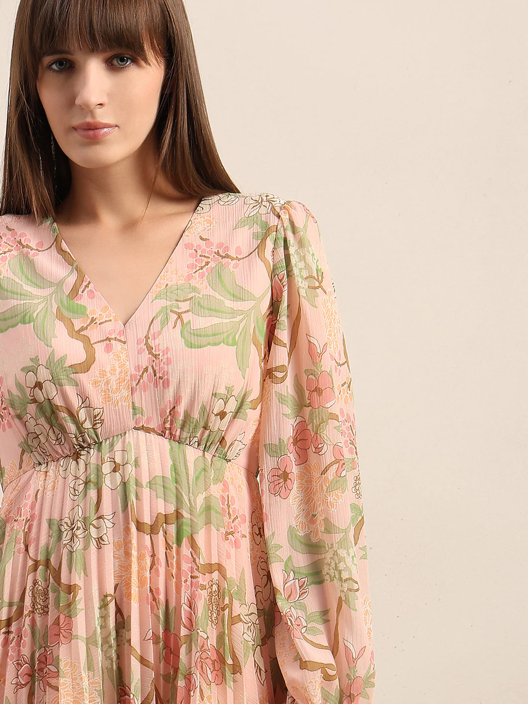 Pleated Floral V-Neck Dress - Image 5