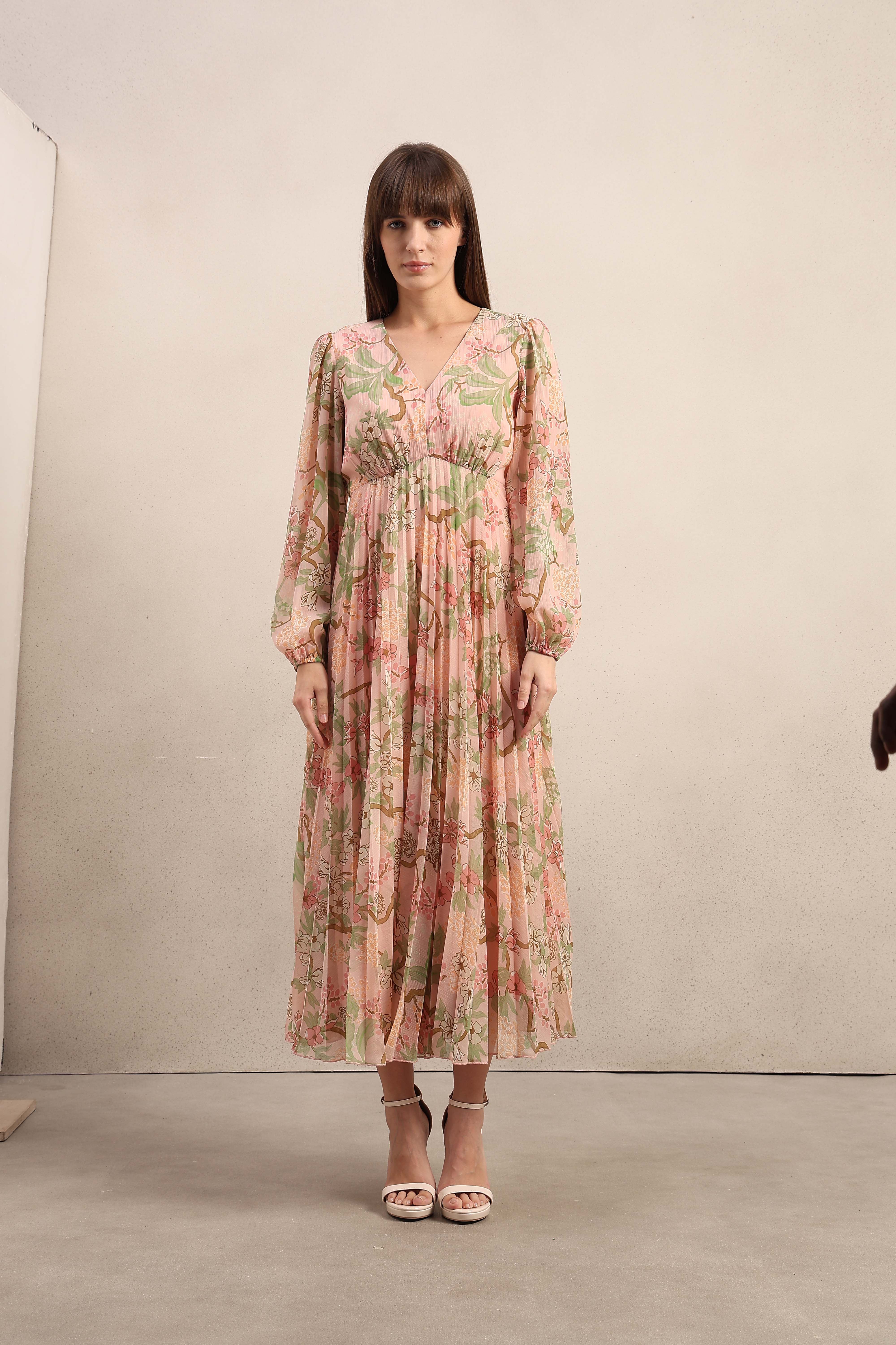 Pleated Floral V-Neck Dress - Image 8