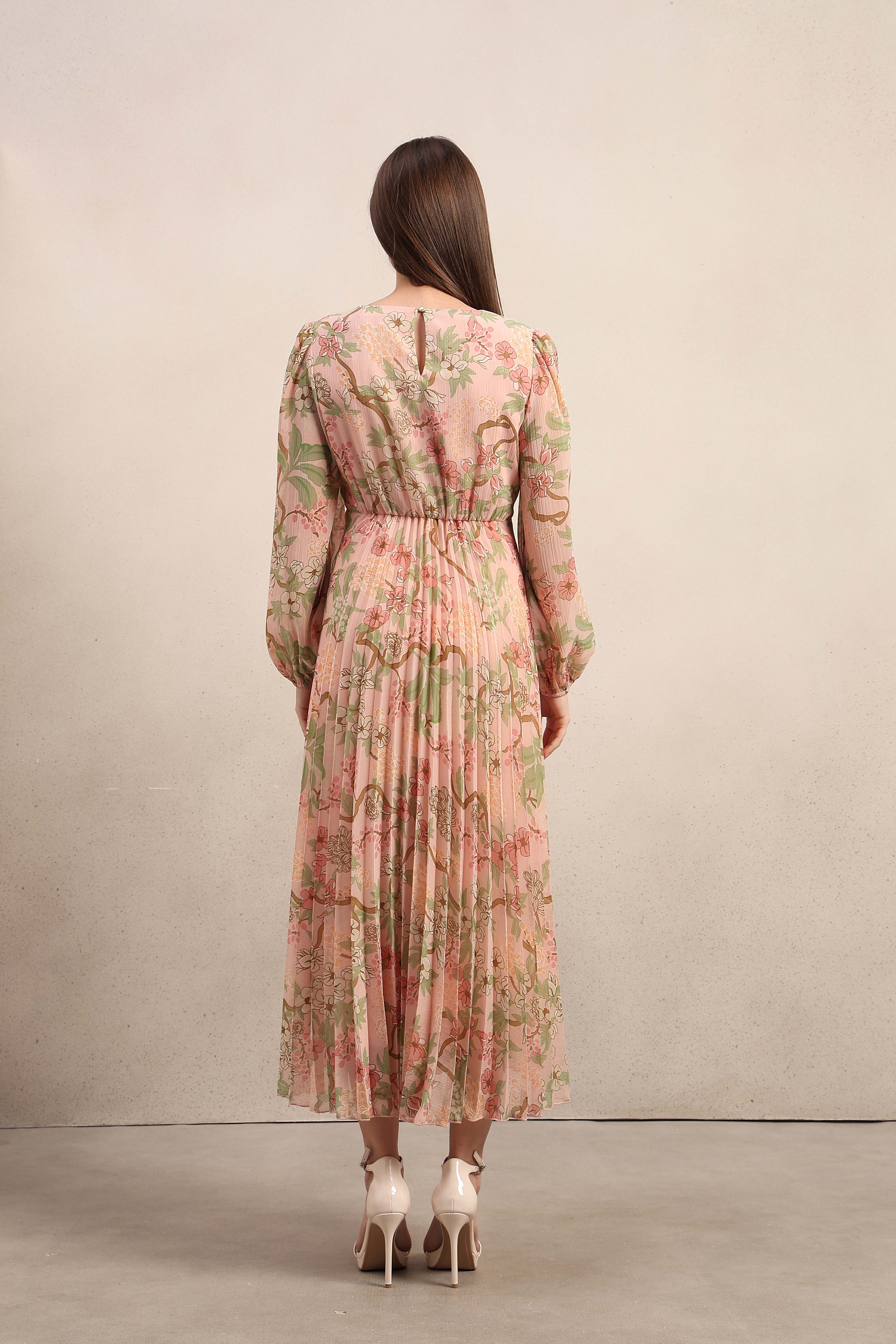 Pleated Floral V-Neck Dress - Image 9