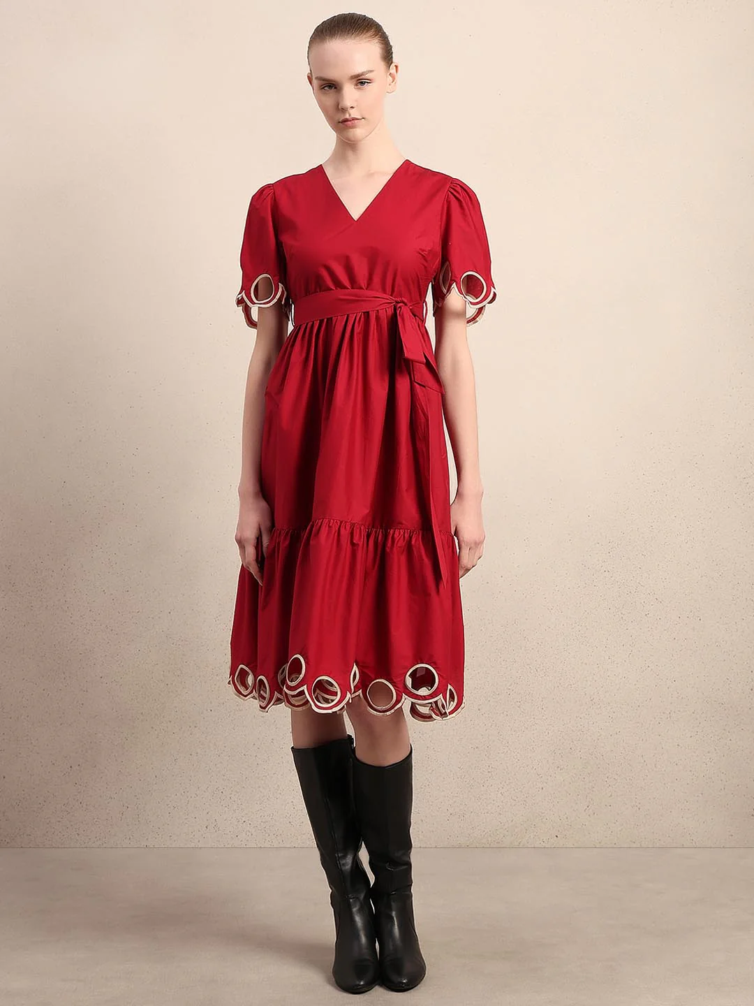 Red Cut-Work Midi Cotton Dress - Image 2