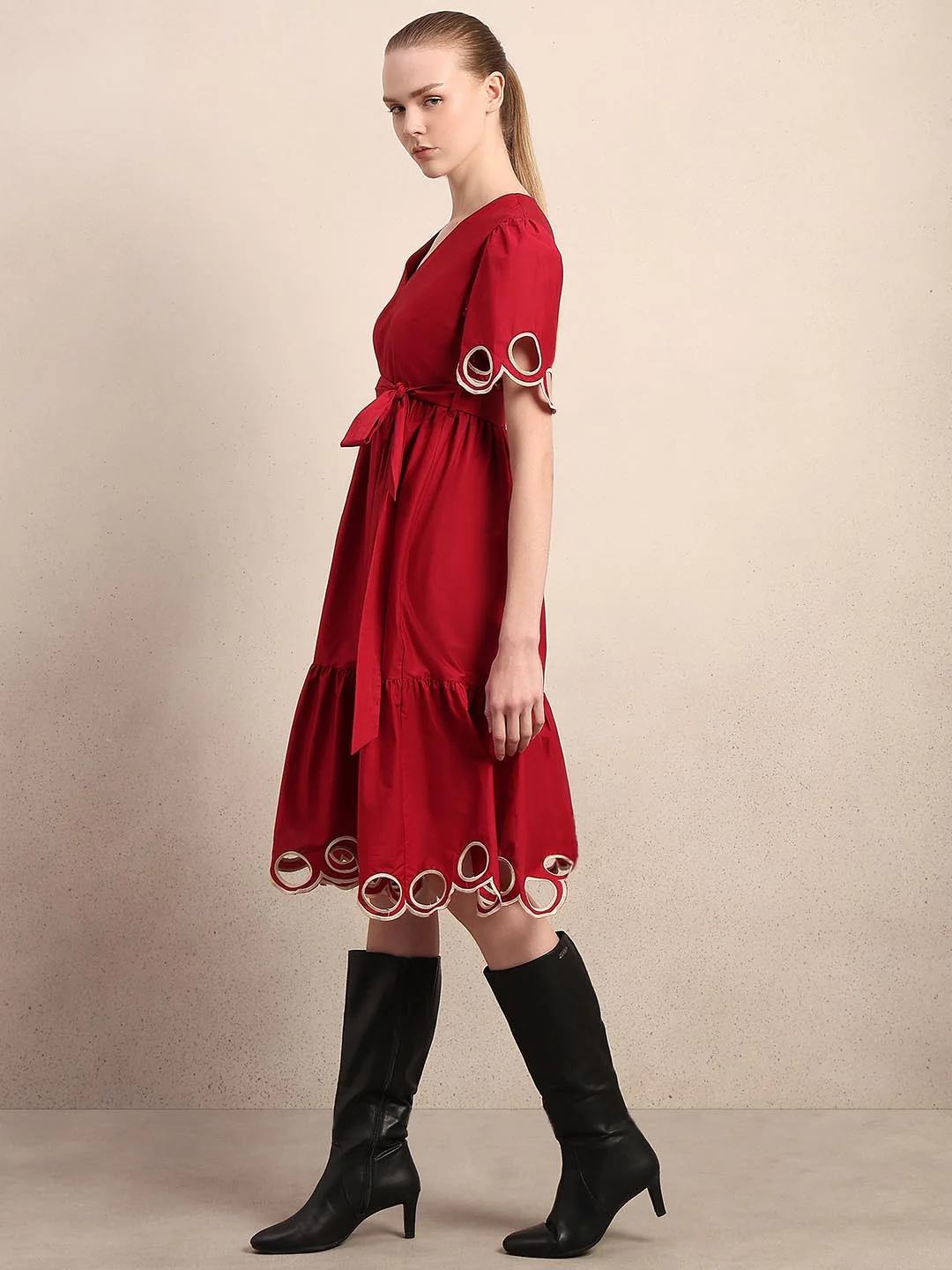 Red Cut-Work Midi Cotton Dress - Image 3