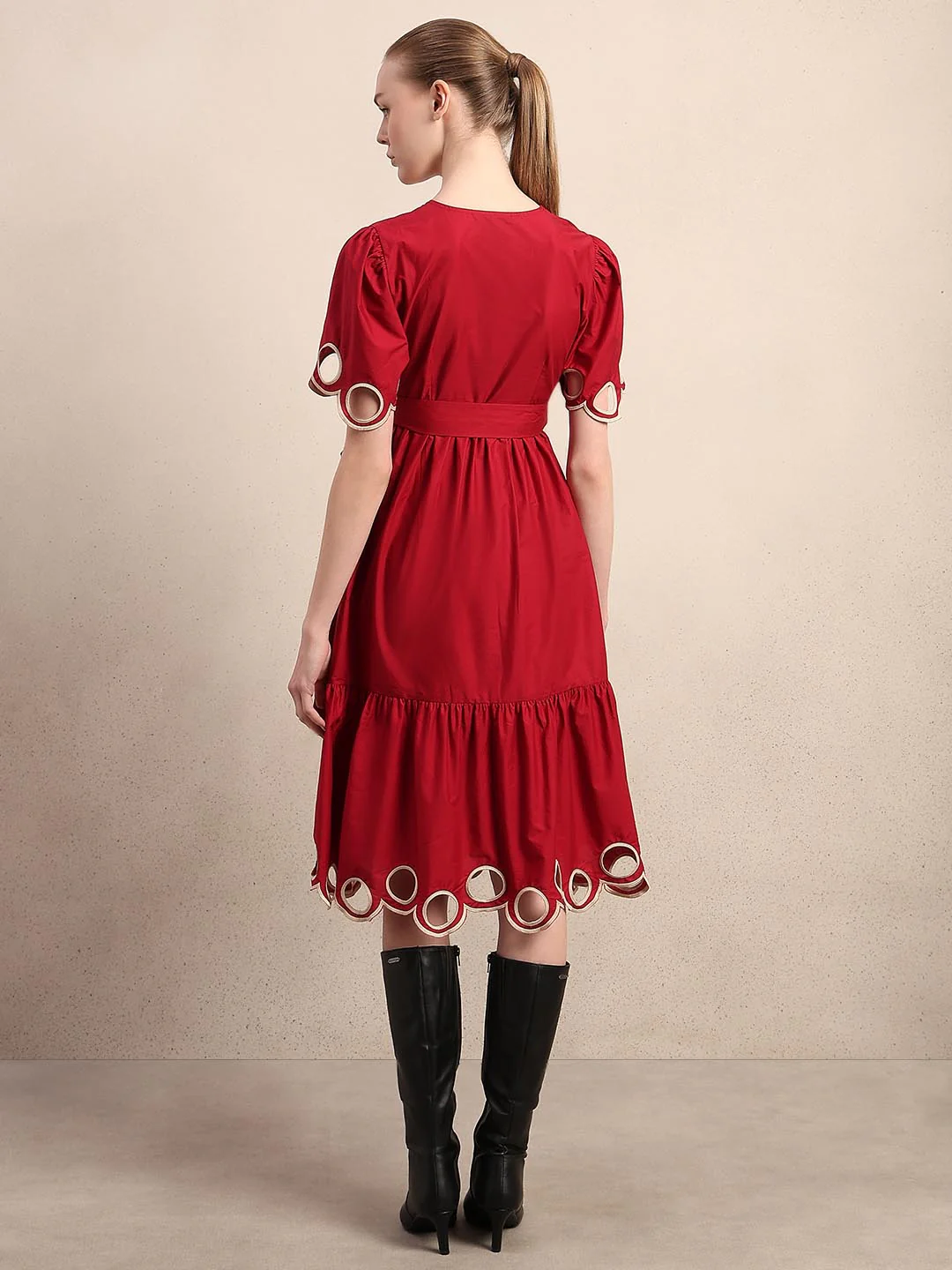 Red Cut-Work Midi Cotton Dress - Image 4
