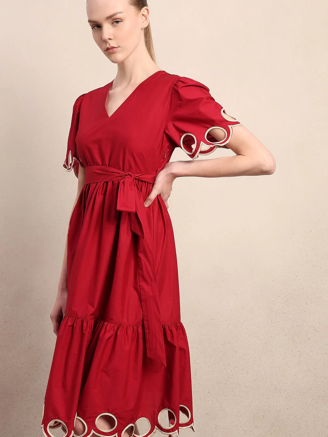 Red Cut-Work Midi Cotton Dress - Image 5