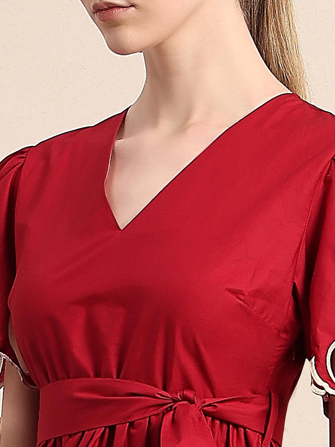 Red Cut-Work Midi Cotton Dress - Image 6