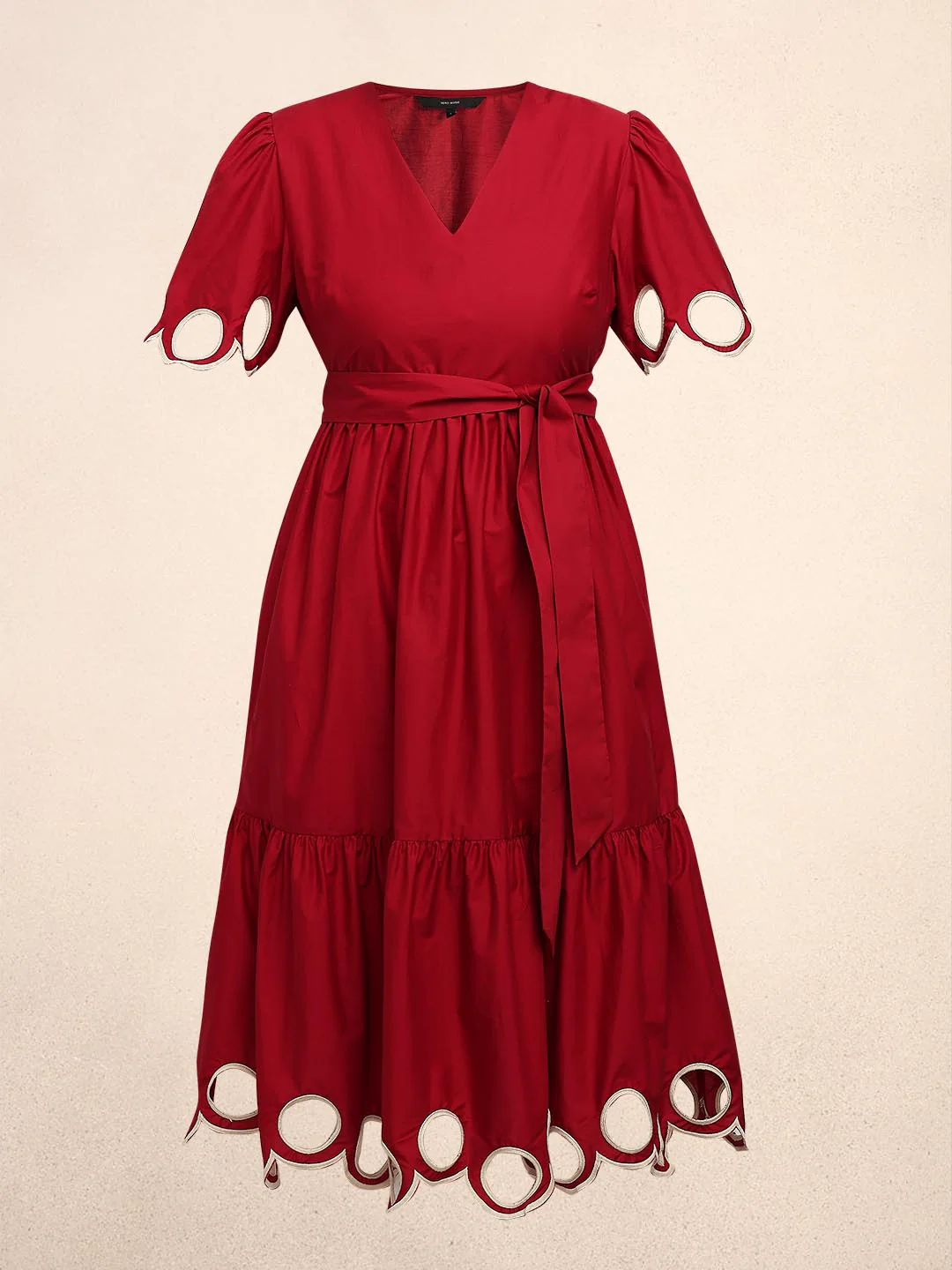Red Cut-Work Midi Cotton Dress - Image 7