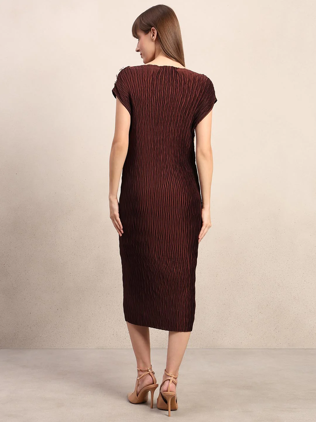 Chocolate Brown Textured Midi Dress - Image 4