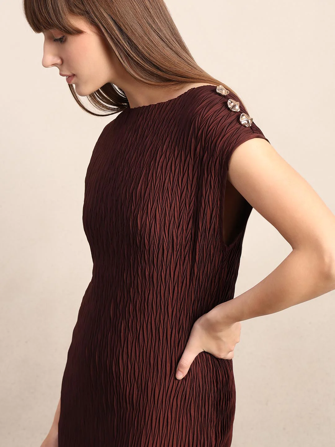 Chocolate Brown Textured Midi Dress - Image 5