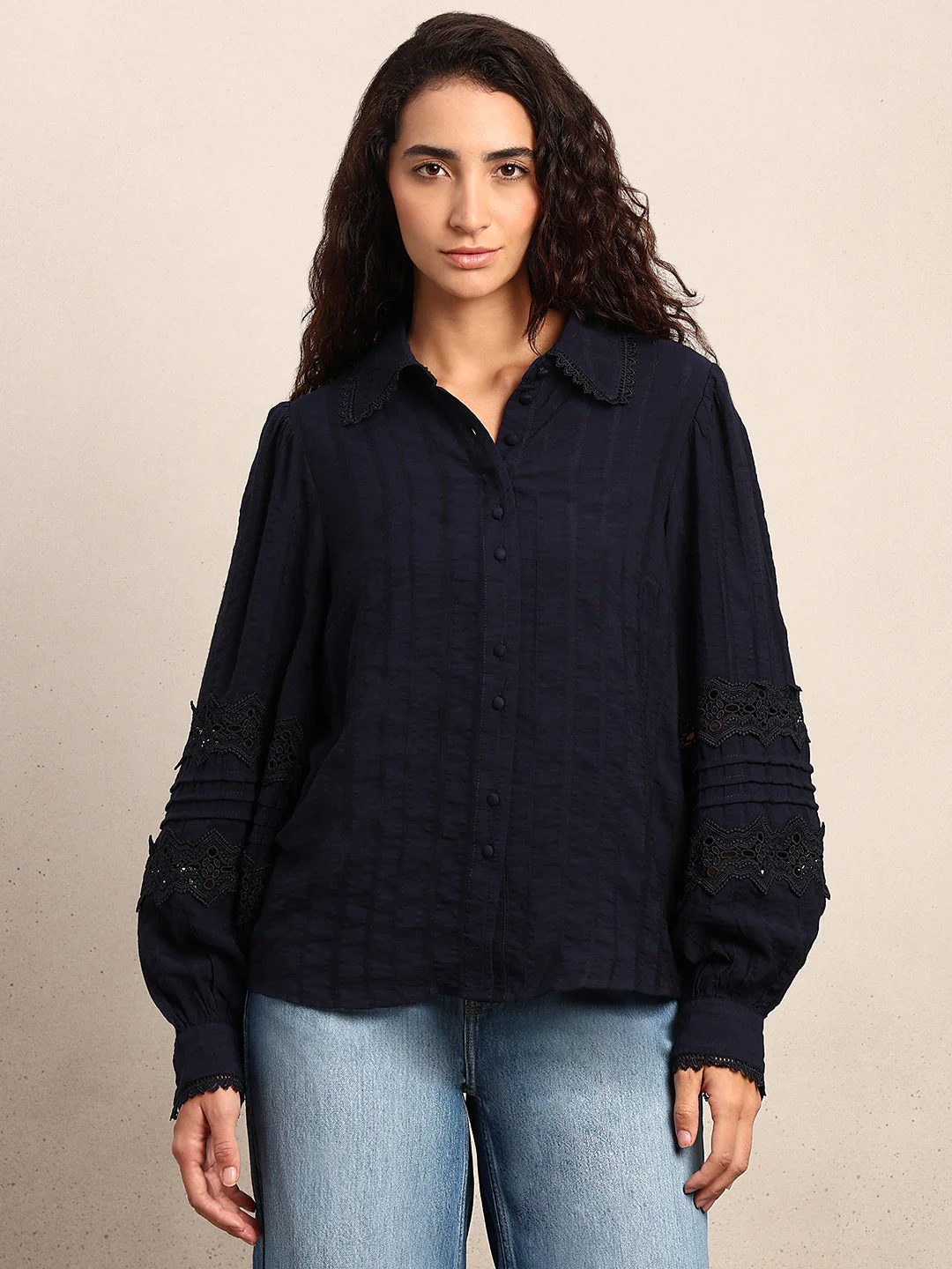 Navy Blue Lace Detail Shirt - Image 2