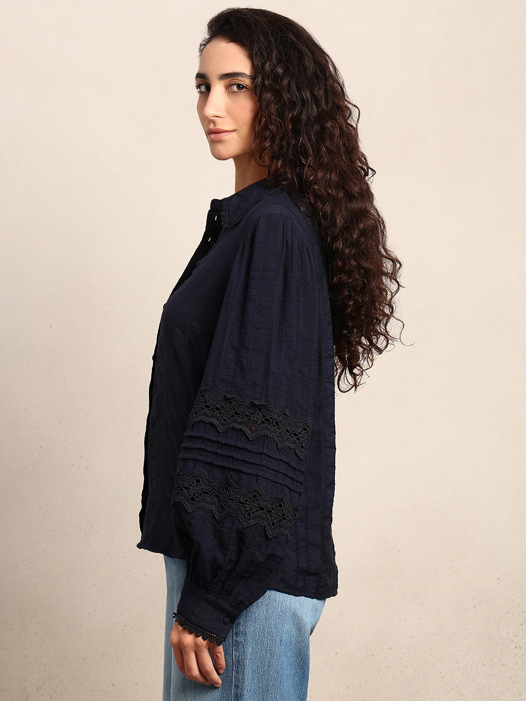 Navy Blue Lace Detail Shirt - Image 3