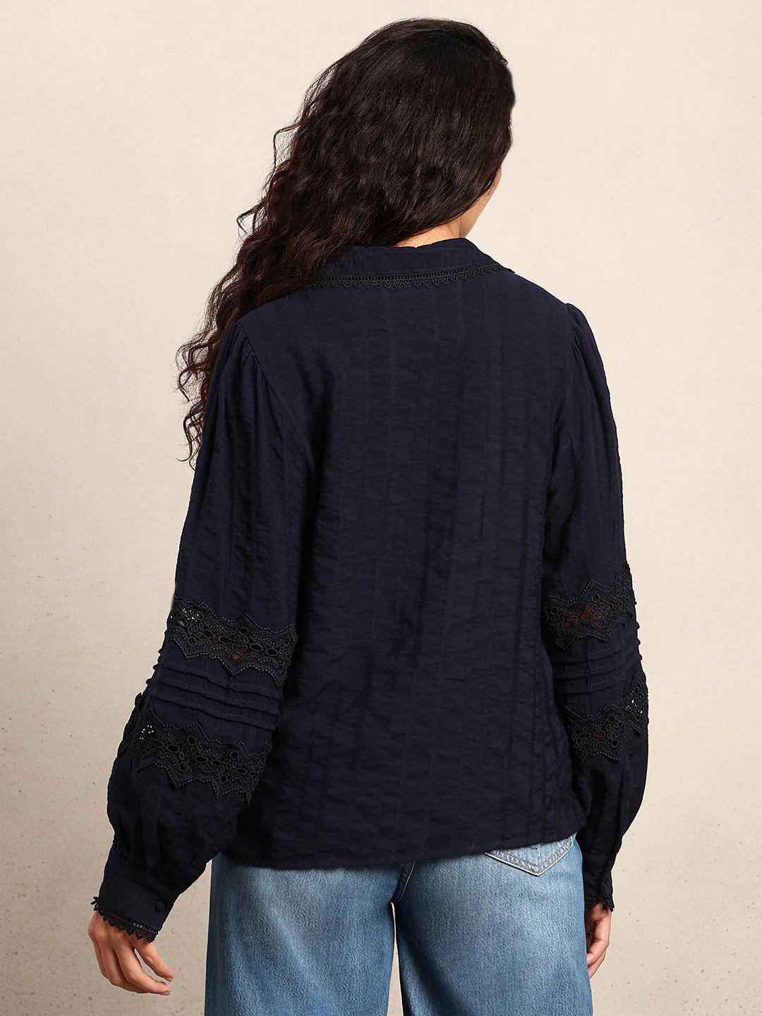 Navy Blue Lace Detail Shirt - Image 4