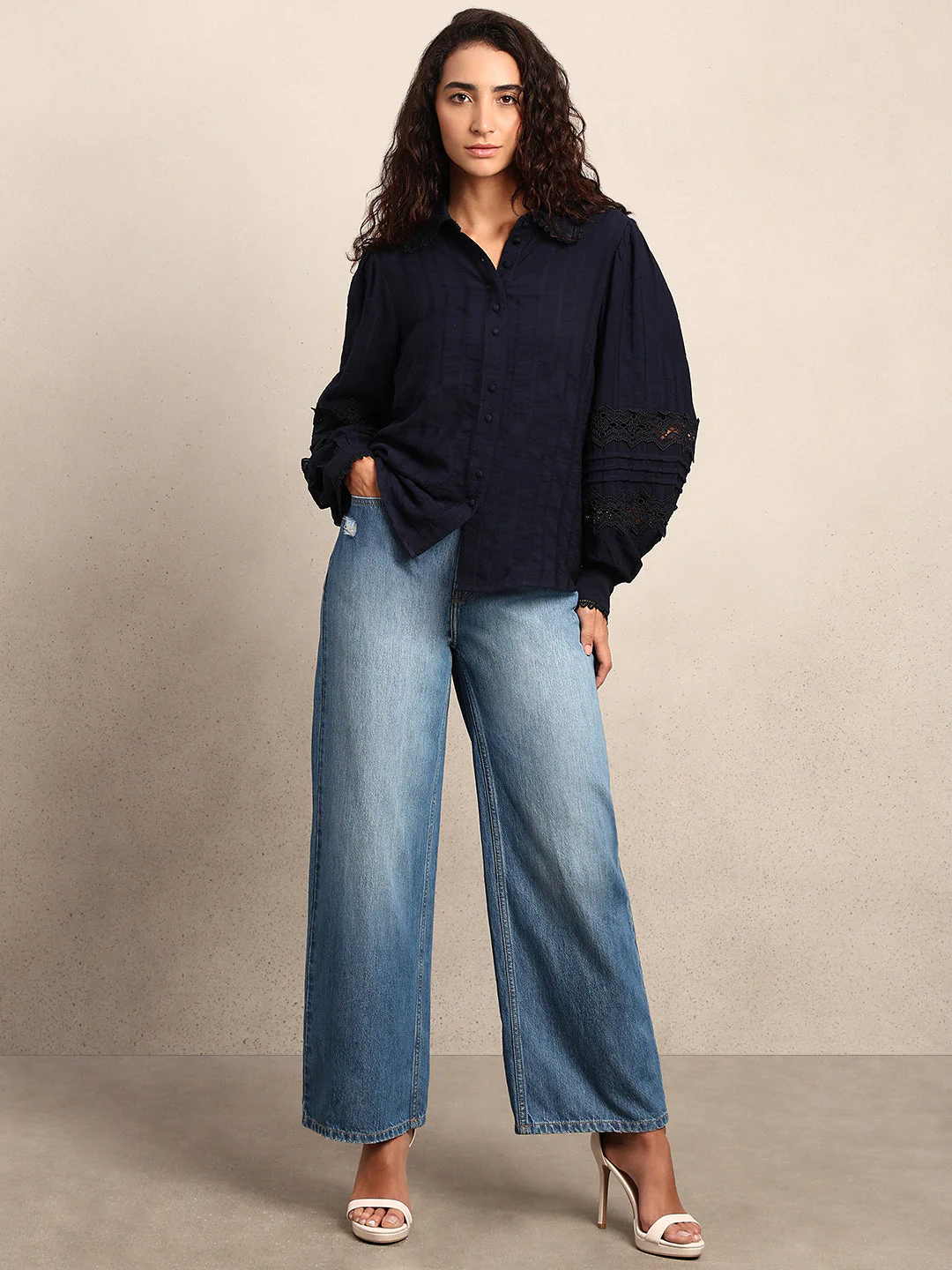 Navy Blue Lace Detail Shirt - Image 5