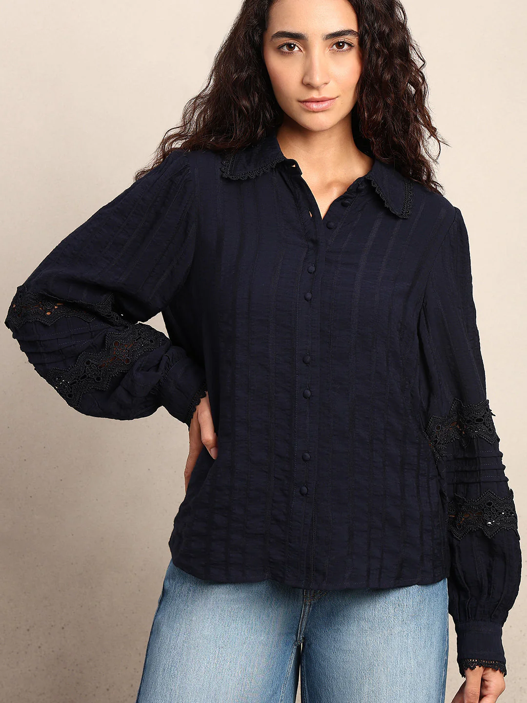 Navy Blue Lace Detail Shirt - Image 6