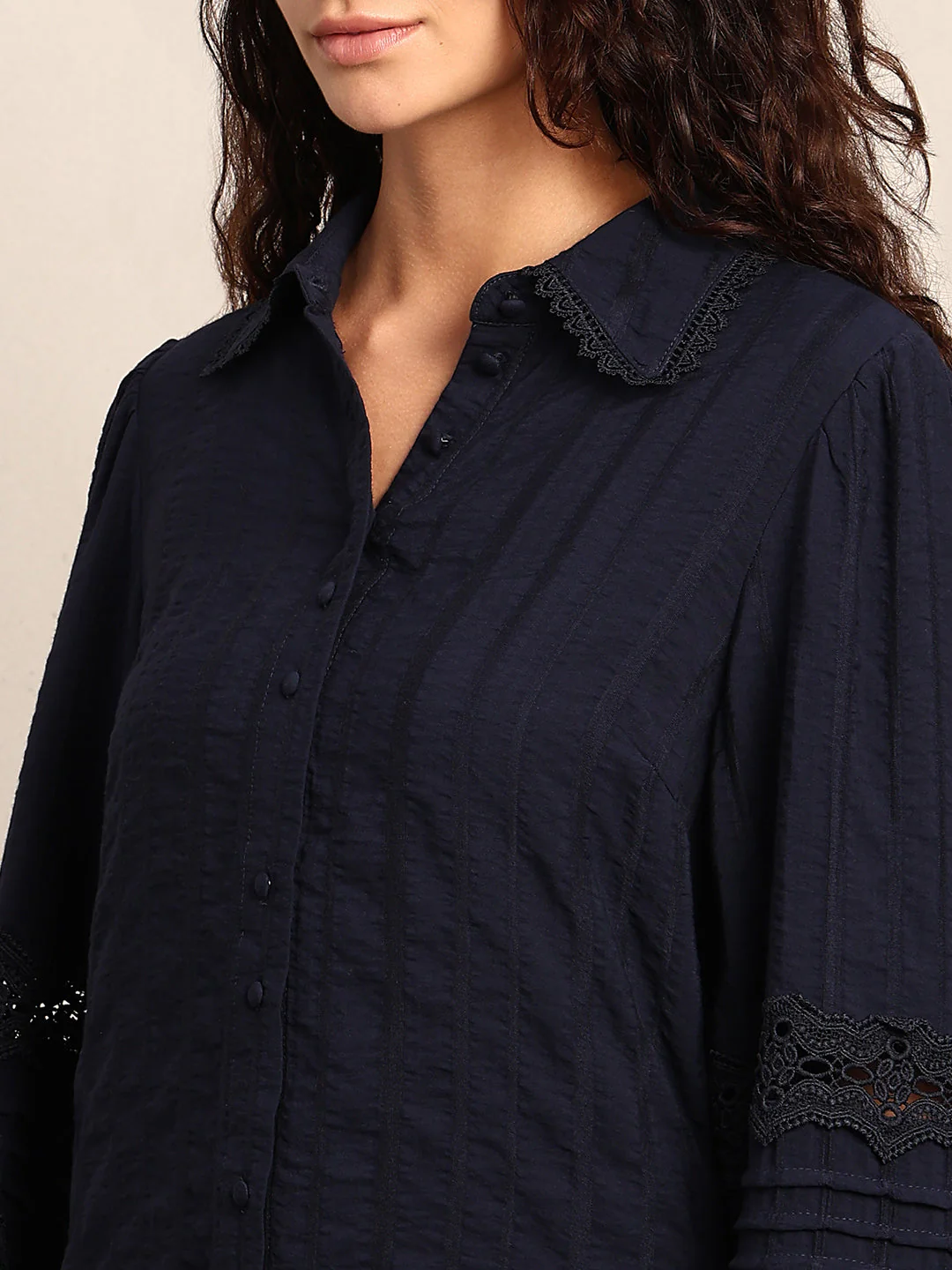 Navy Blue Lace Detail Shirt - Image 8