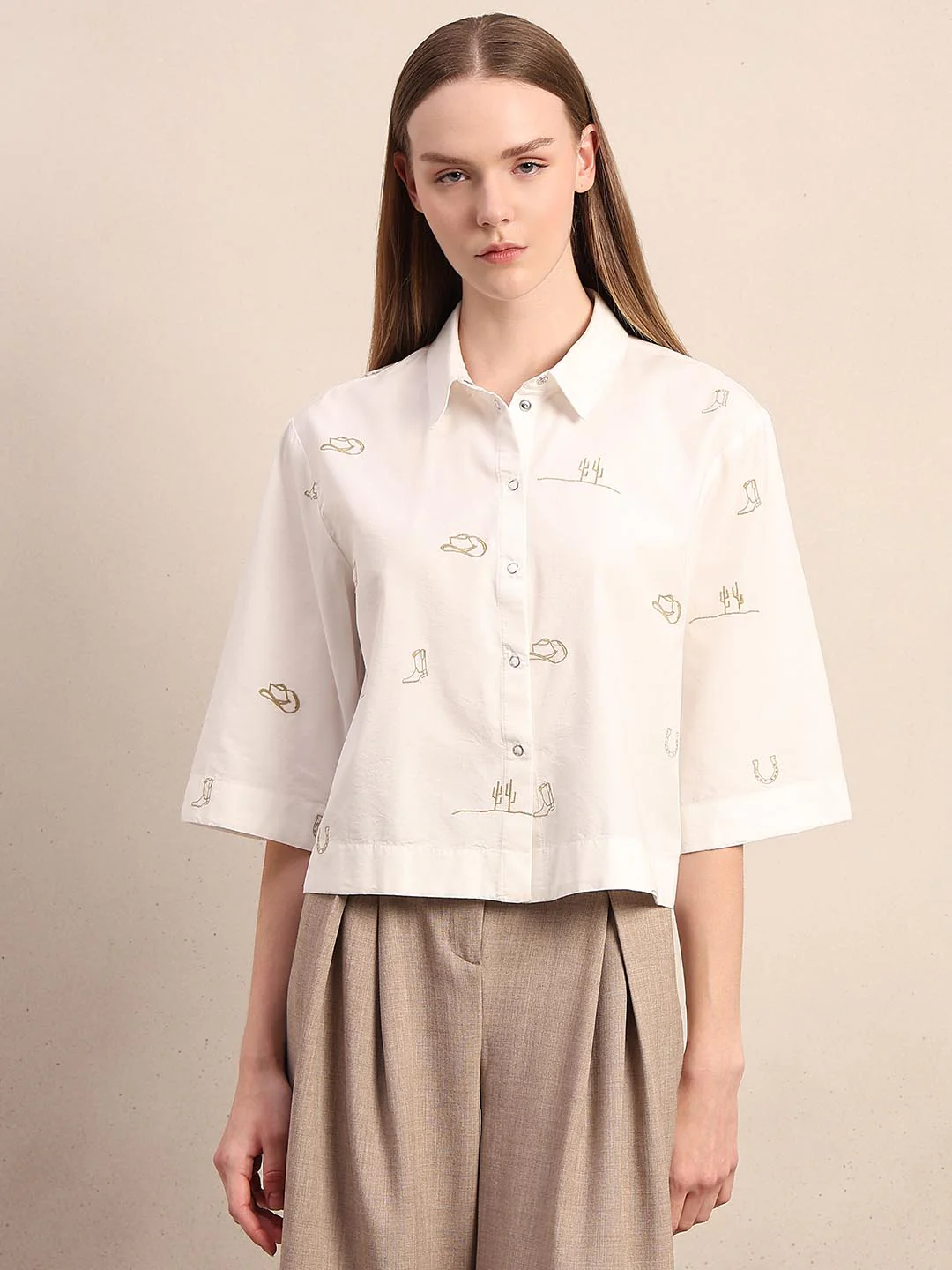 White Embroidered Print Shirt - Image 2