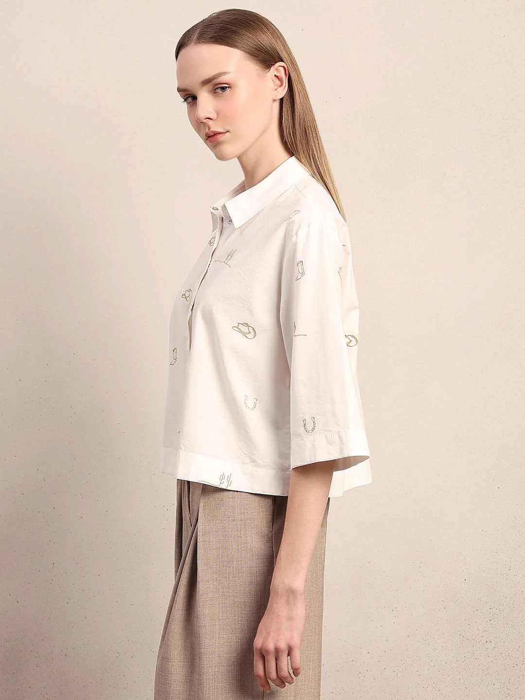 White Embroidered Print Shirt - Image 3