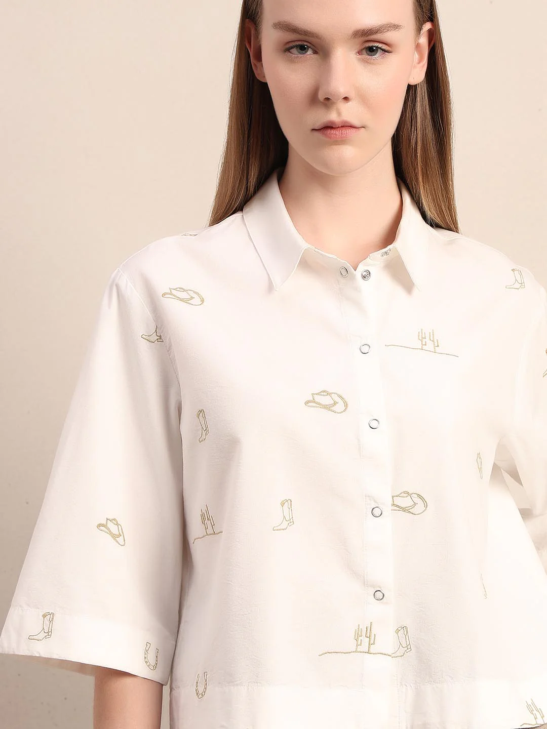 White Embroidered Print Shirt - Image 6