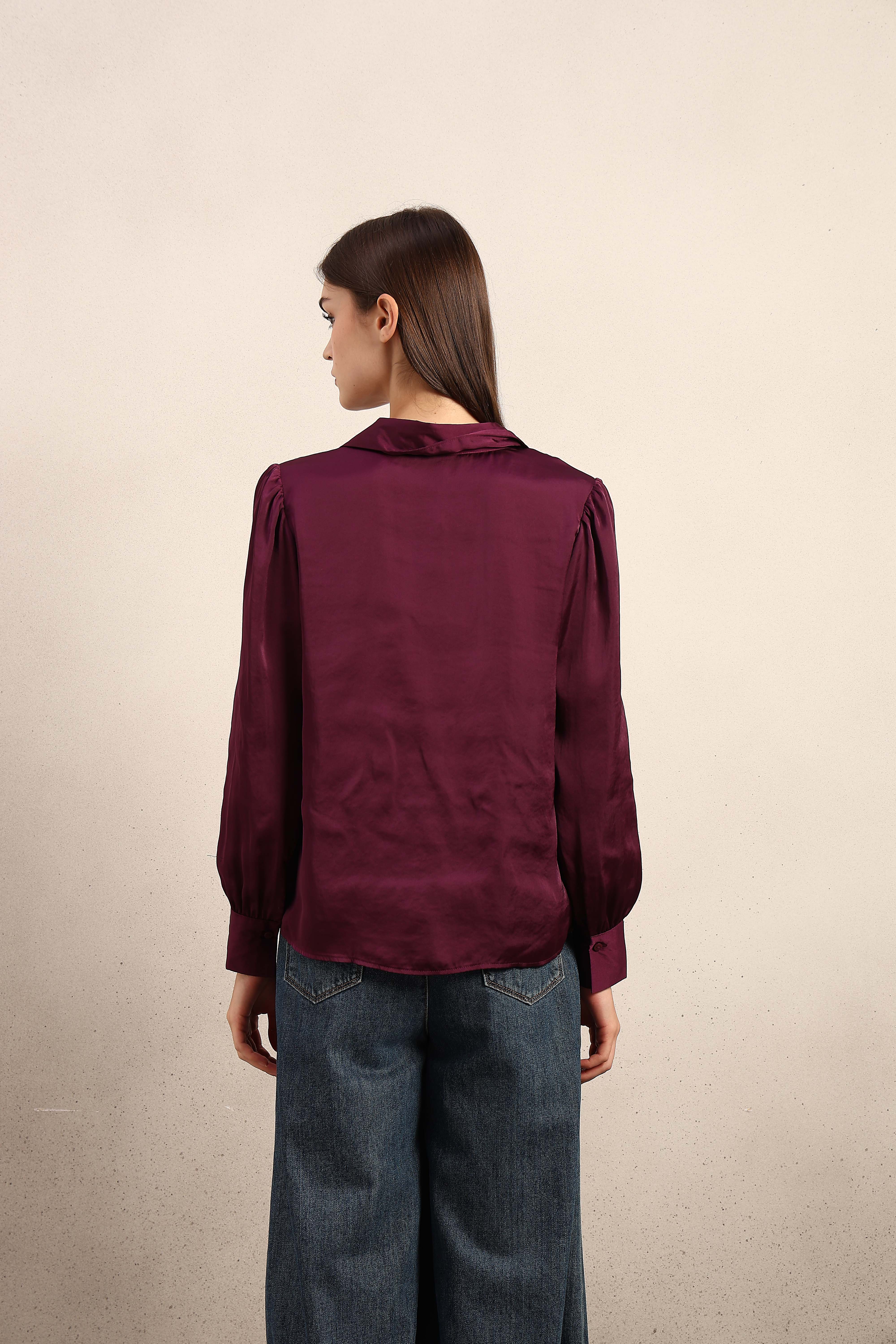 Maroon Satin Cuff Sleeves Shirt - Image 10