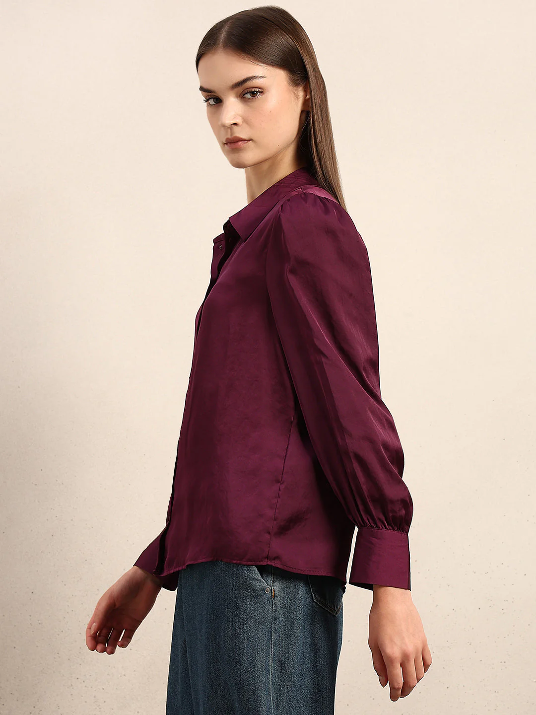 Maroon Satin Cuff Sleeves Shirt - Image 3