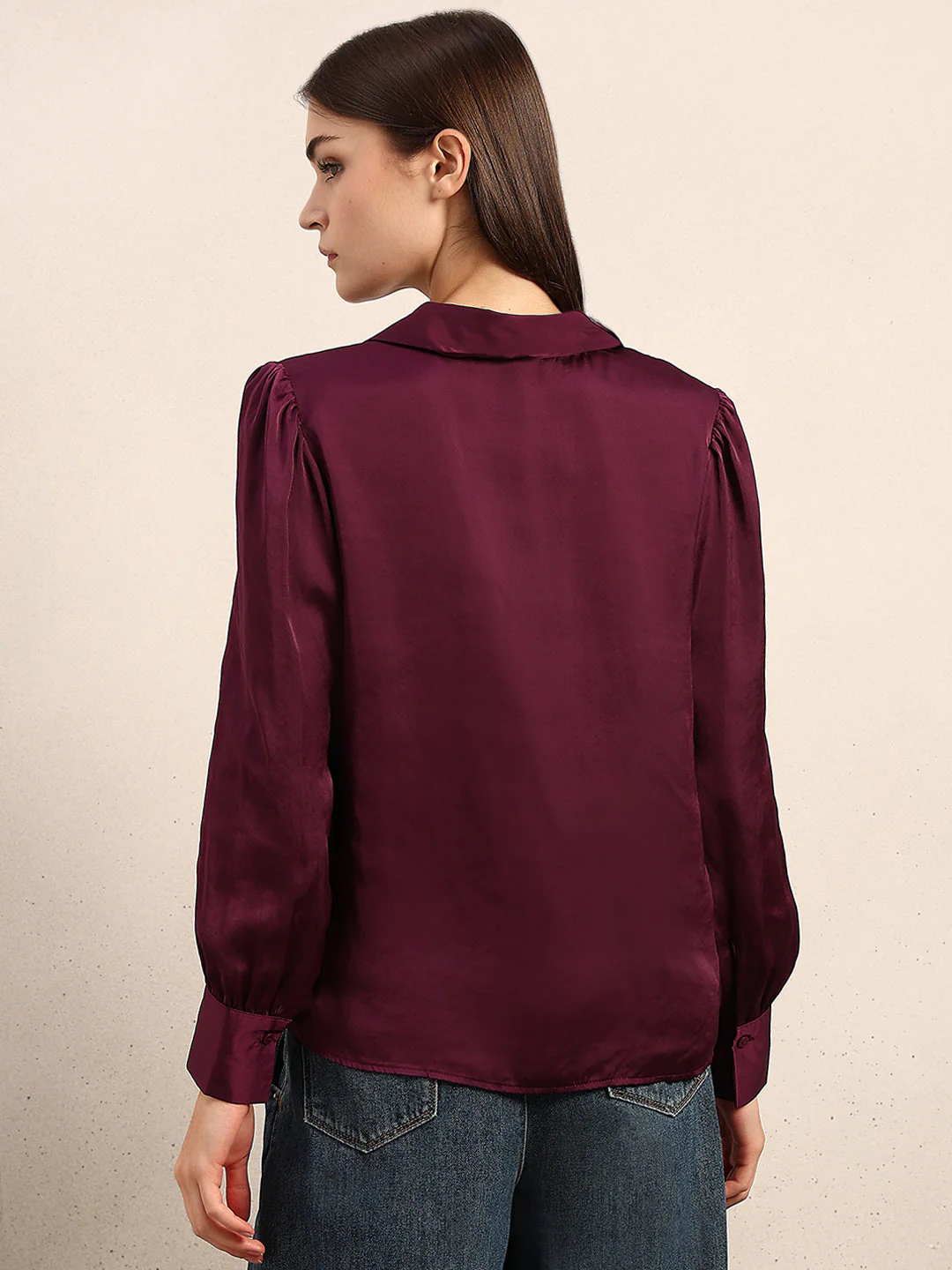 Maroon Satin Cuff Sleeves Shirt - Image 4