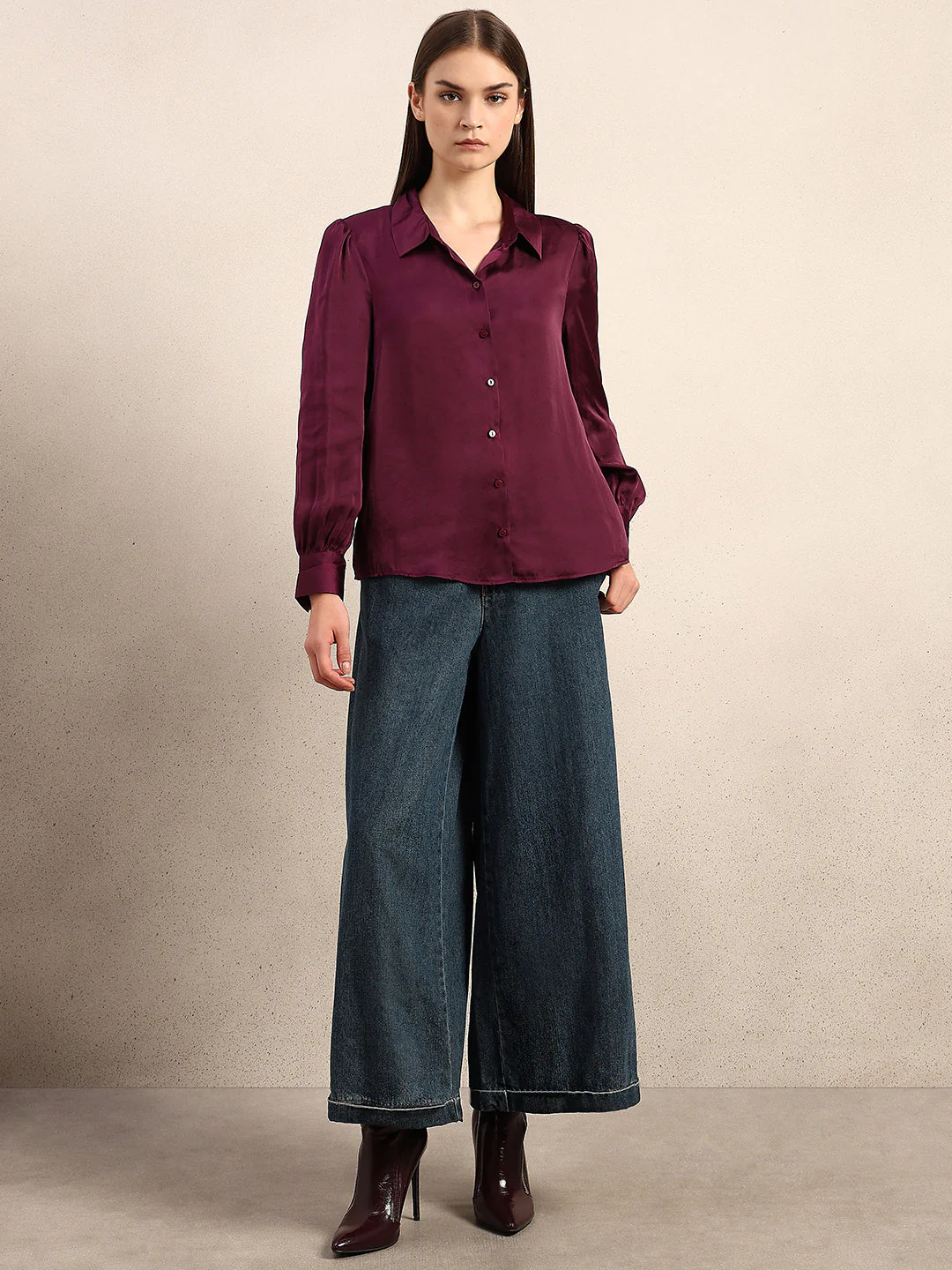 Maroon Satin Cuff Sleeves Shirt - Image 5