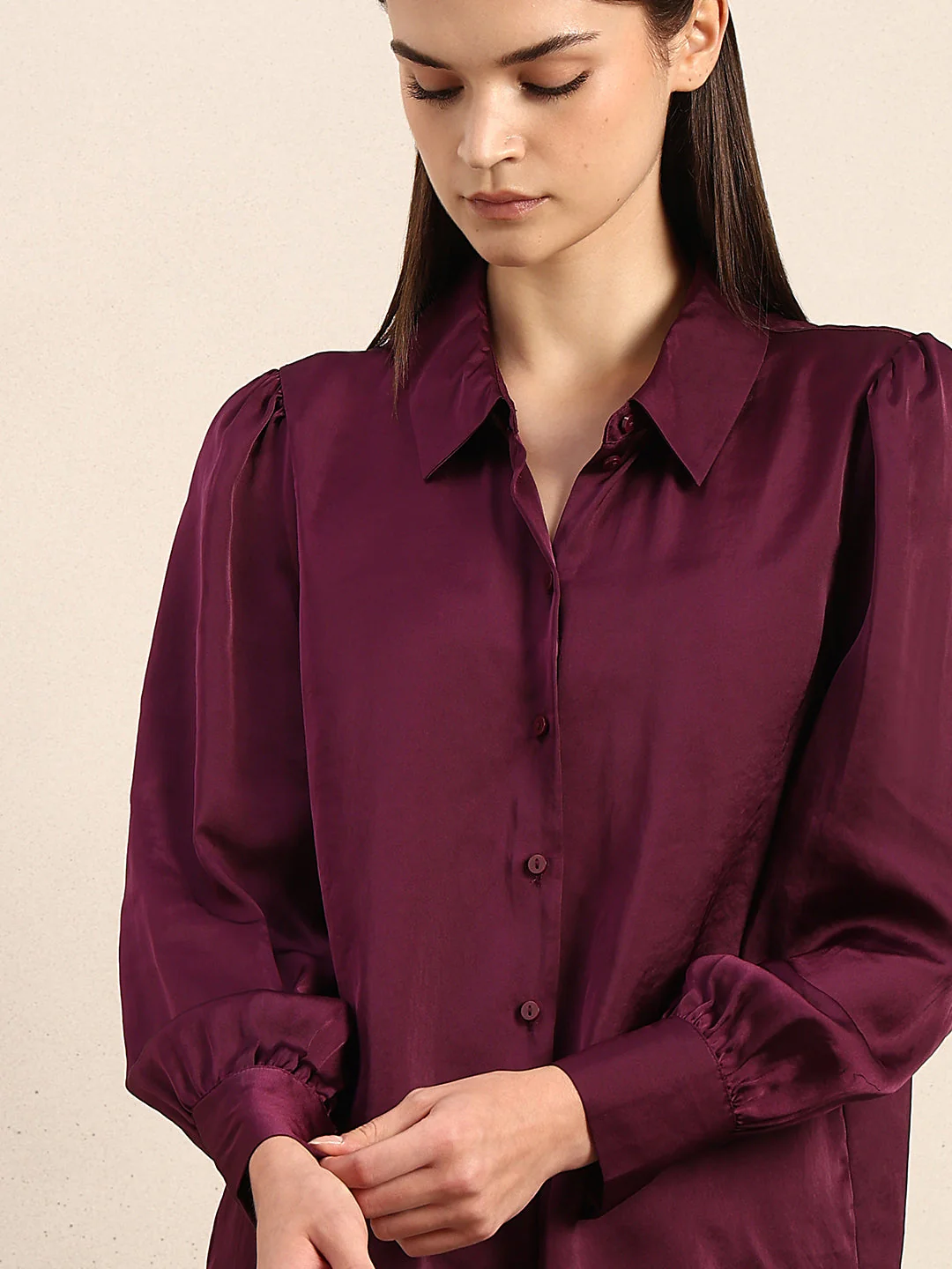 Maroon Satin Cuff Sleeves Shirt - Image 6