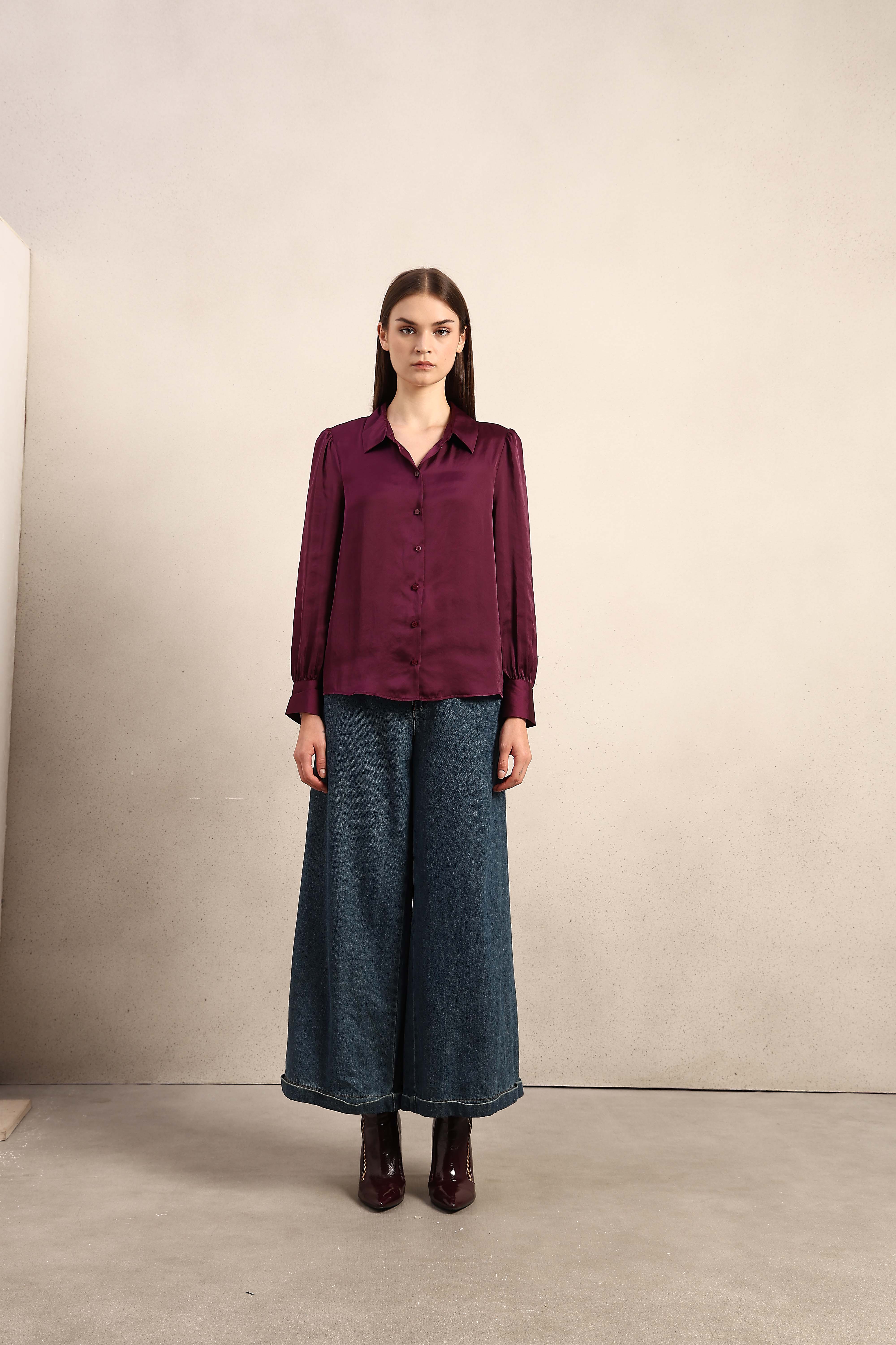 Maroon Satin Cuff Sleeves Shirt - Image 9