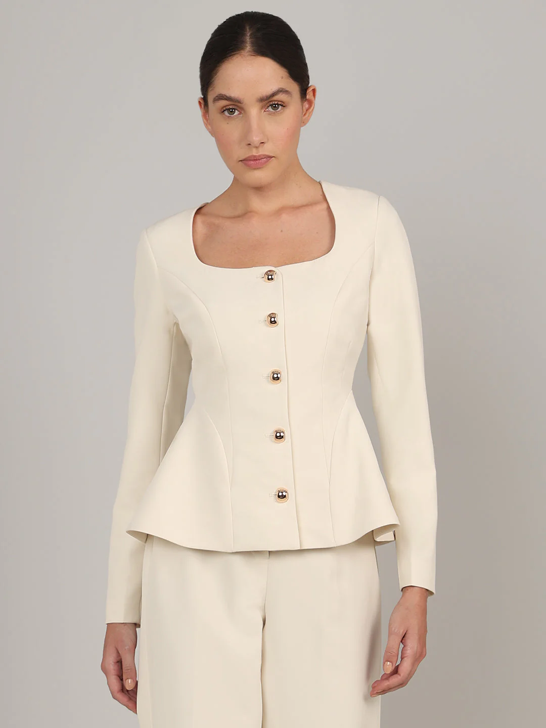 Ivory Buttoned Peplum Blazer - Image 2
