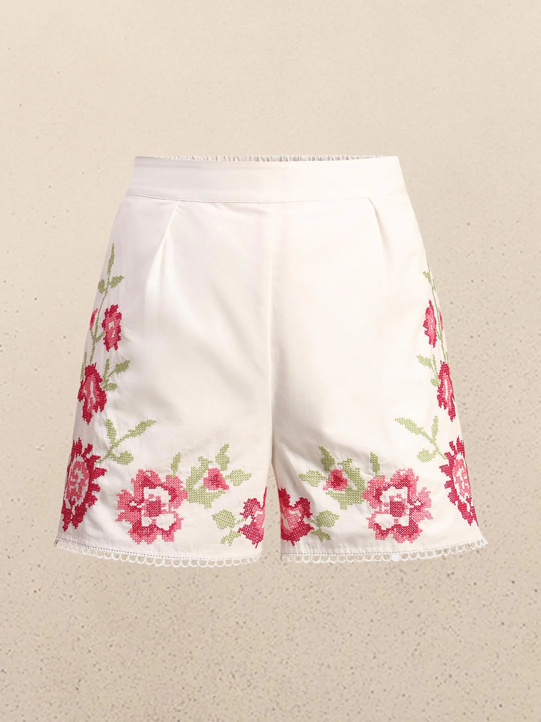White Floral Embroidered Shorts - Image 7