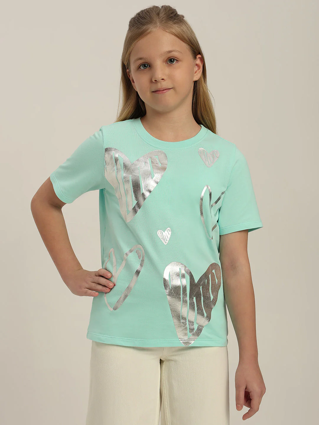 GIRLS Mint Green Silver Foil Print T-shirt - Image 2