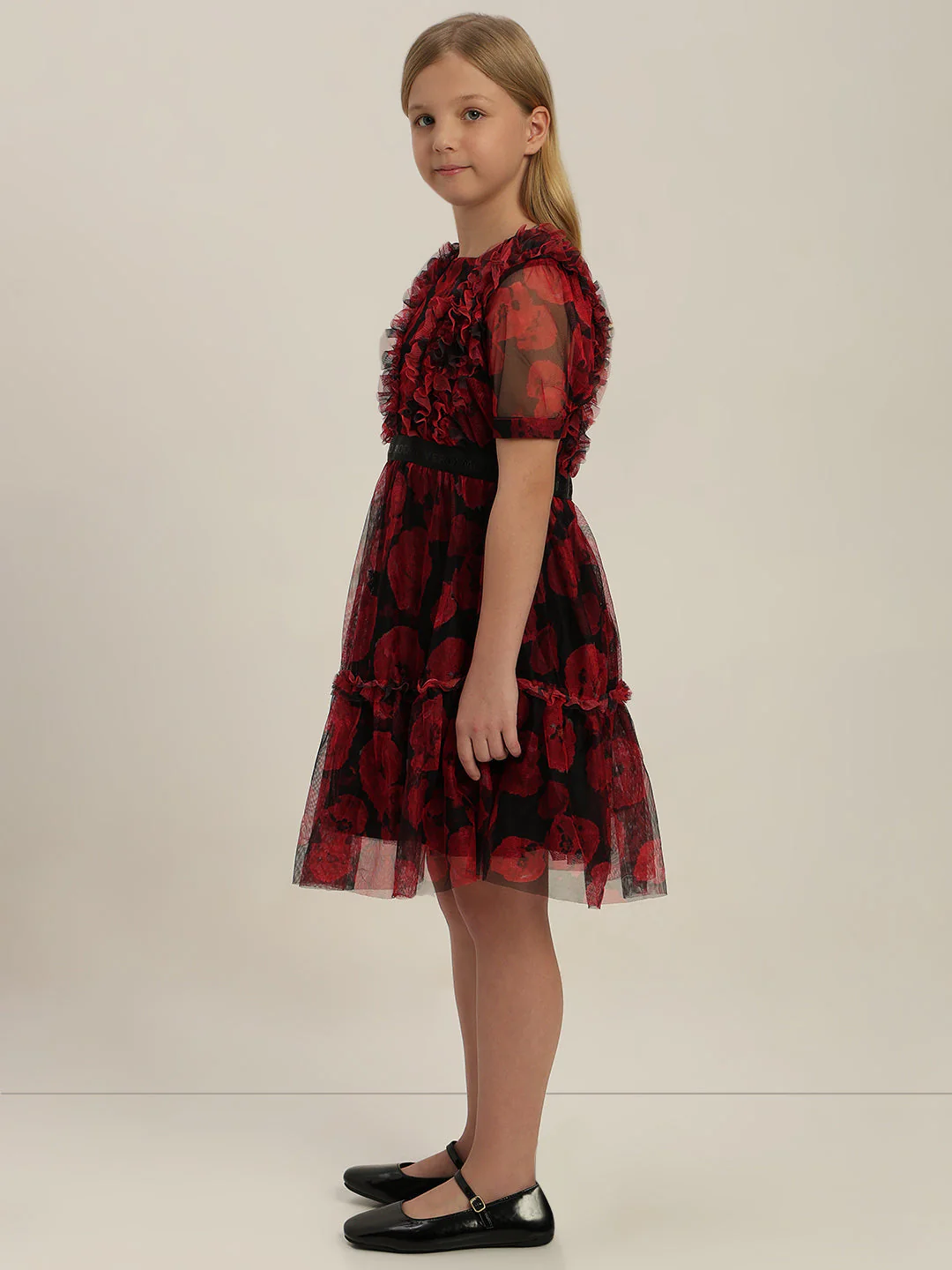 GIRLS Red Floral Tulle Dress - Image 3