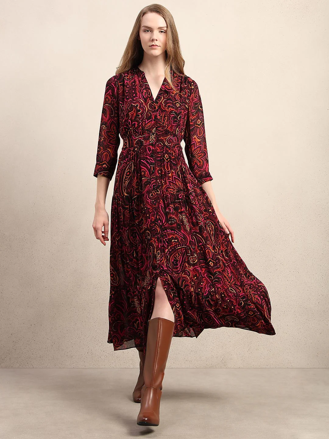 Maroon Printed V-Neck Dress - Image 2