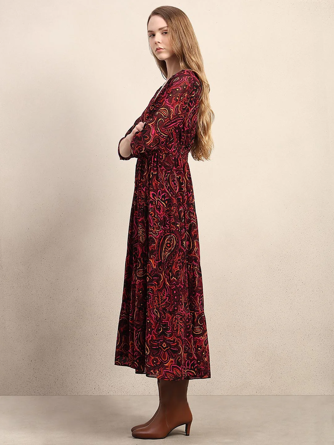 Maroon Printed V-Neck Dress - Image 3