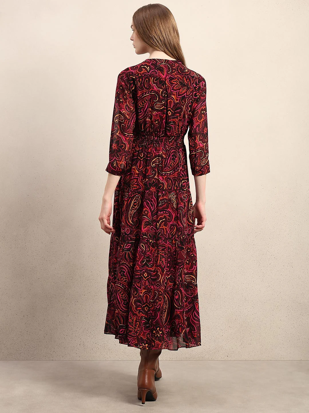 Maroon Printed V-Neck Dress - Image 4